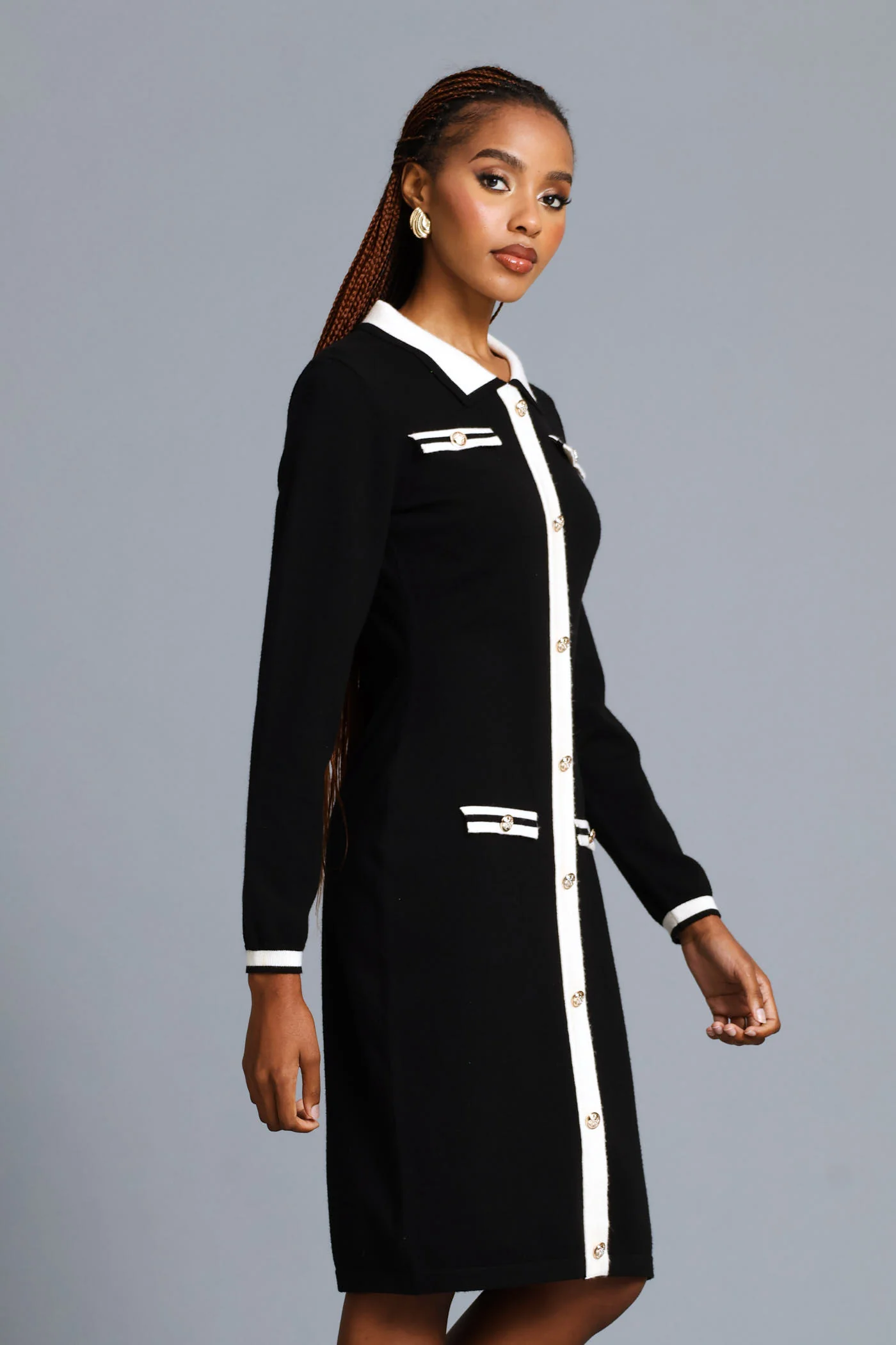 Button Through Preppy Knitwear Dress - Black/Cream - Image 4
