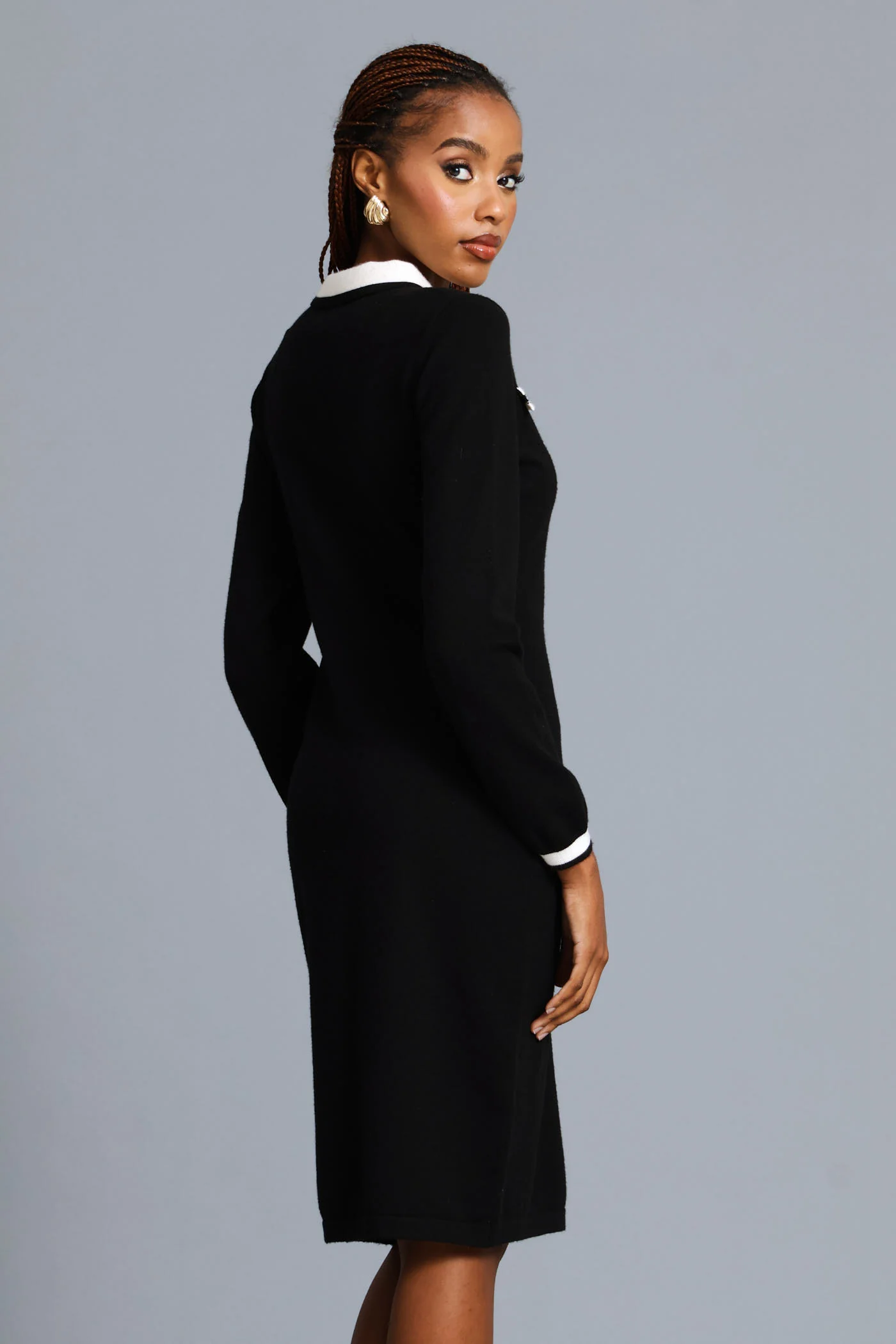 Button Through Preppy Knitwear Dress - Black/Cream - Image 5