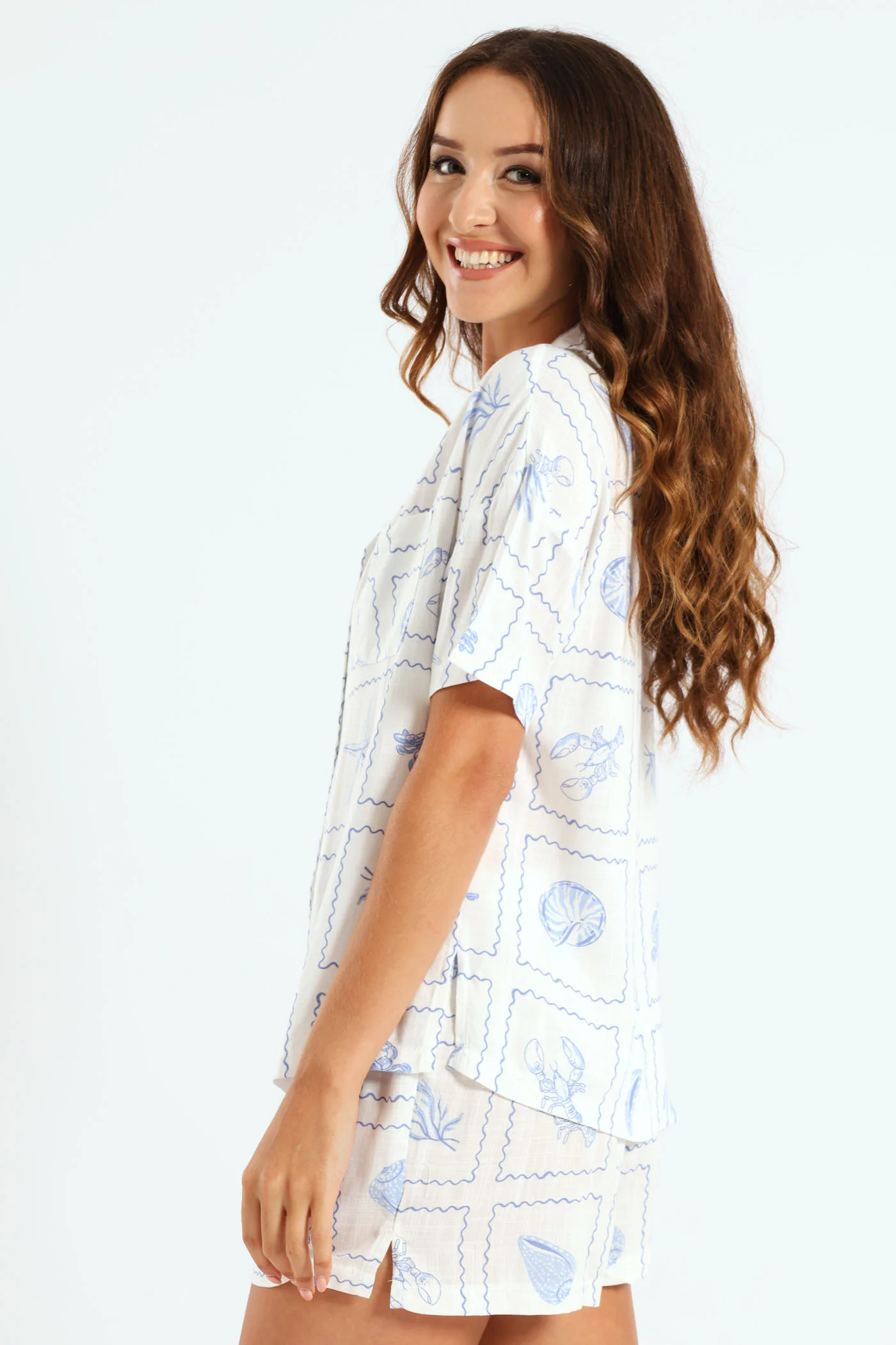 Button Through Print Linen Blend Short Set - White - Image 2