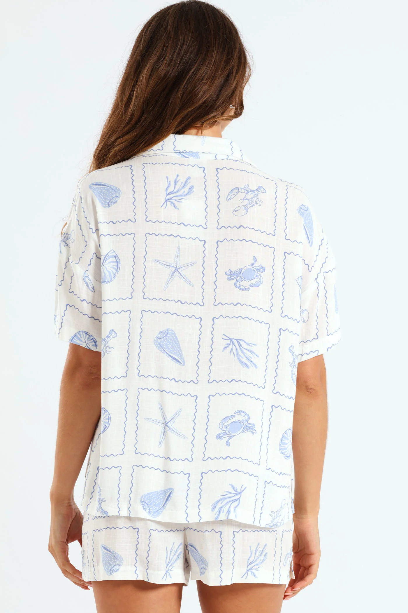 Button Through Print Linen Blend Short Set - White - Image 3