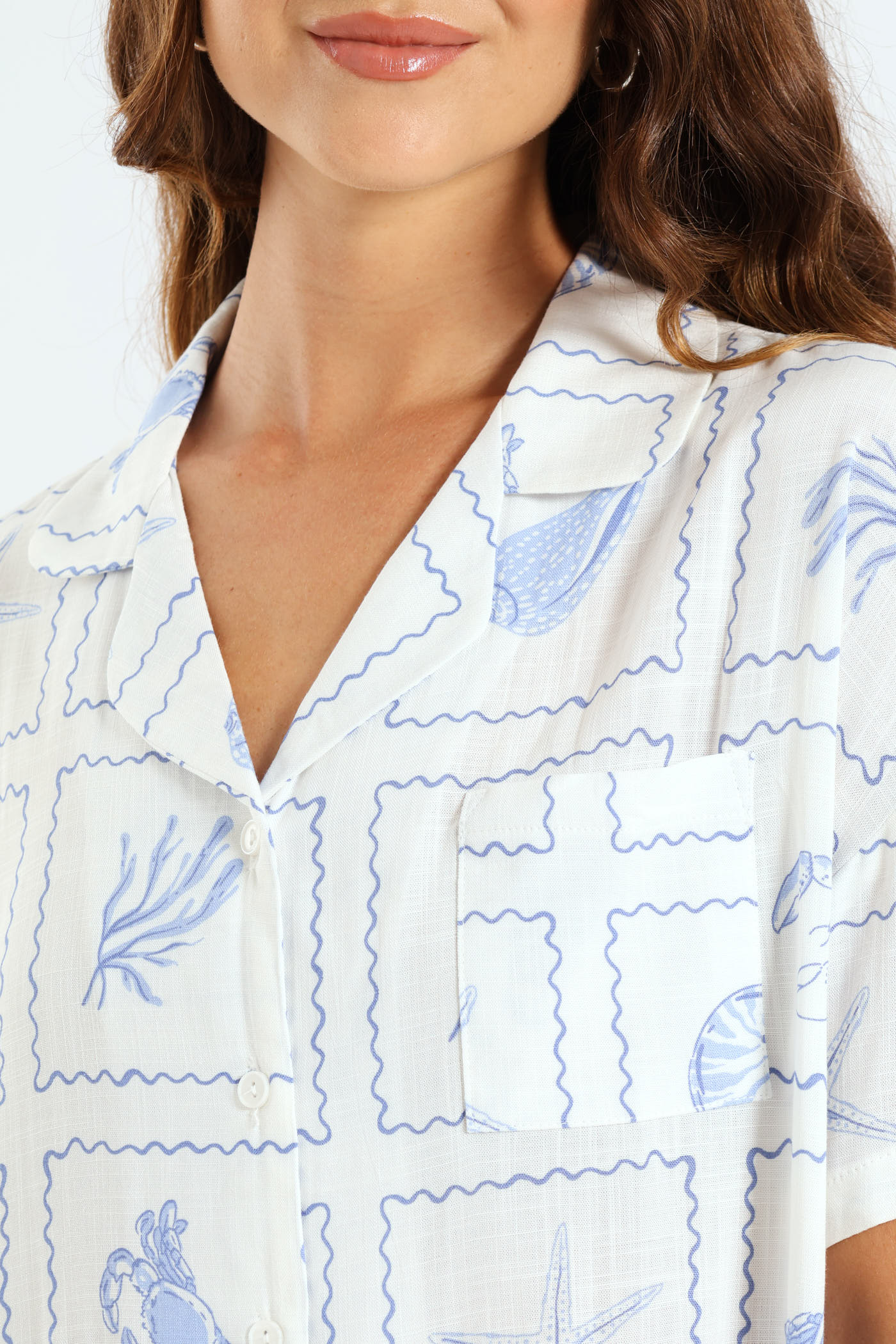 Button Through Print Linen Blend Short Set - White - Image 4