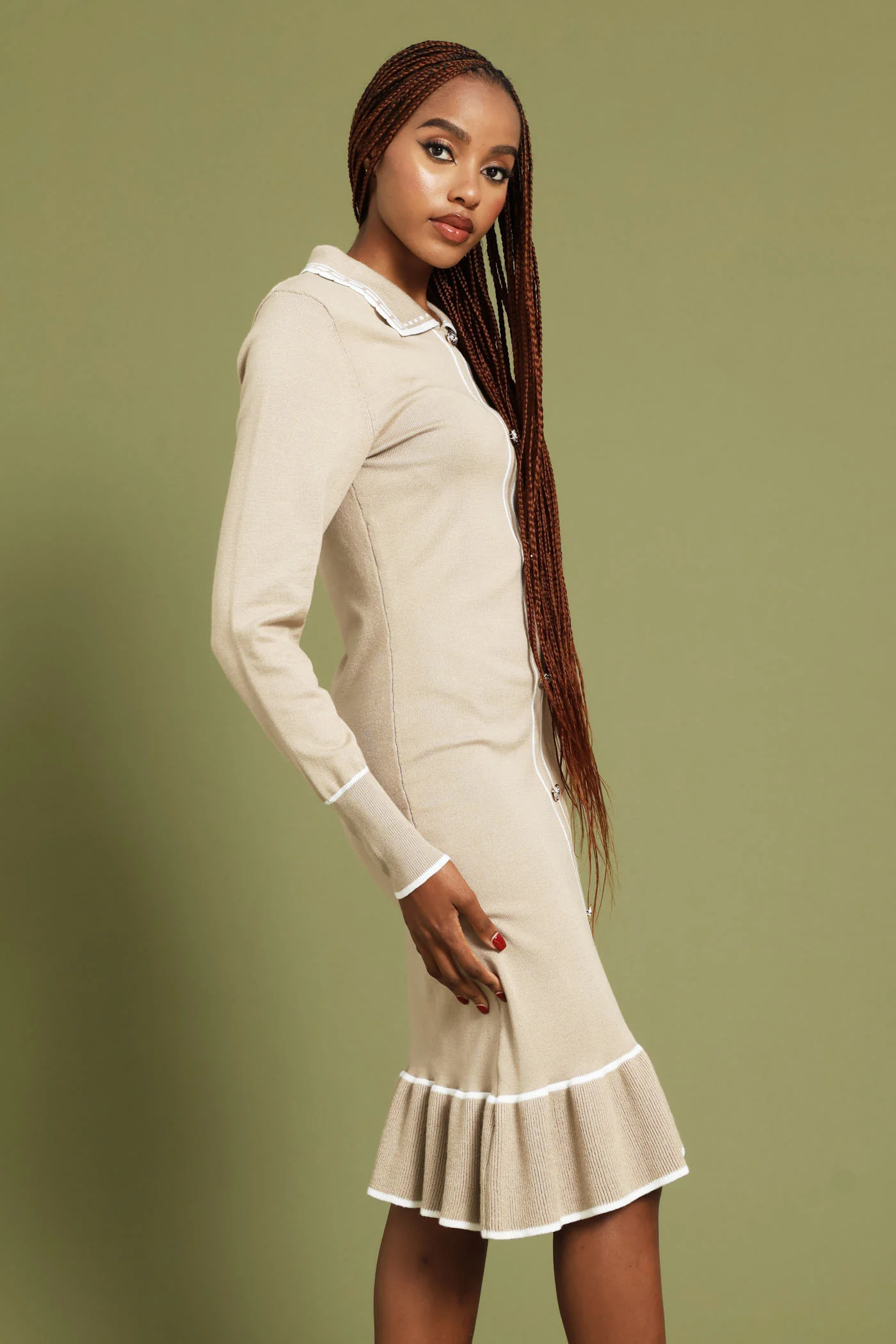 Button Through Ruffle Hem Knitwear Dress - Latte - Image 5