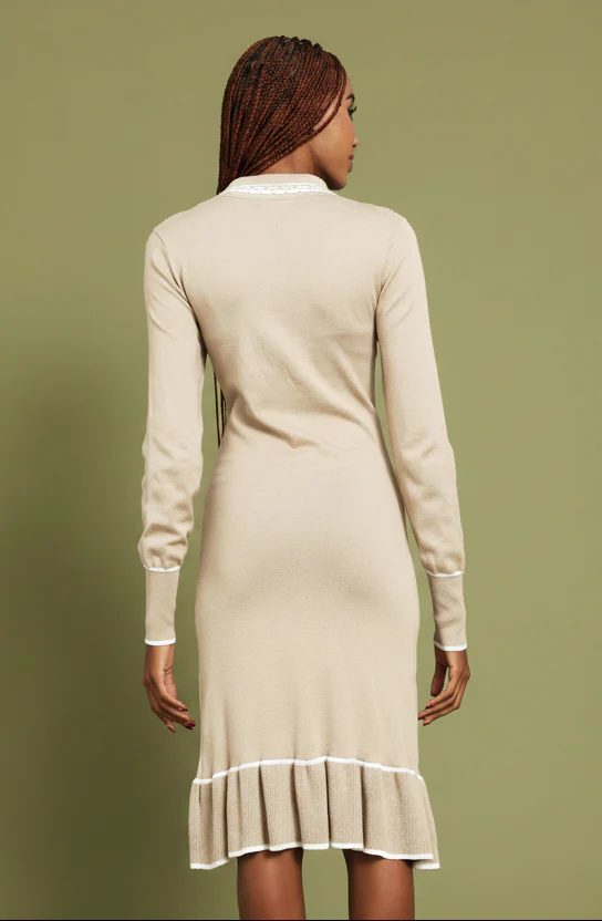 Button Through Ruffle Hem Knitwear Dress - Latte - Image 6