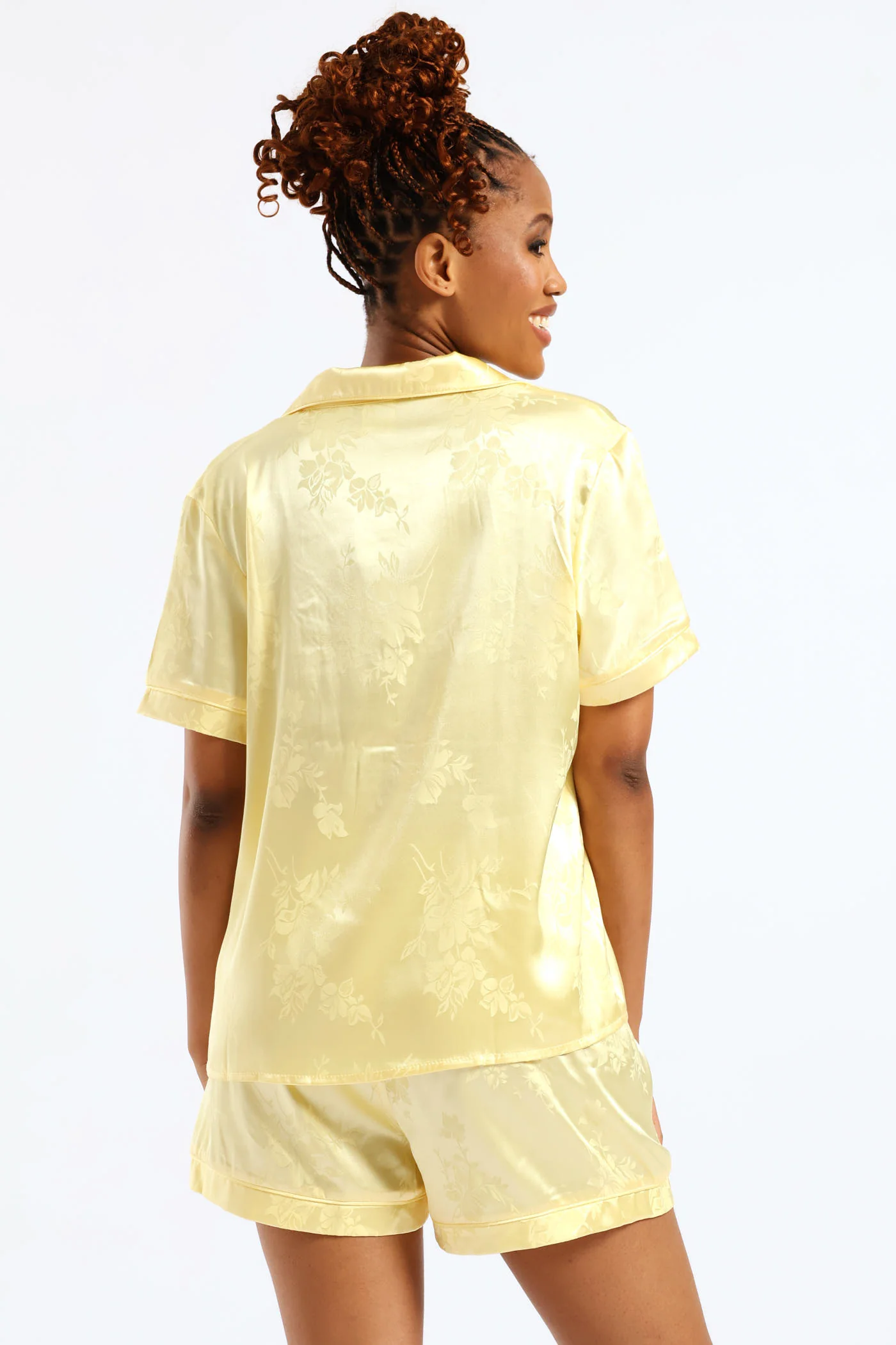 Button Through Satin Embossed Floral Short Set - Yellow - Image 2