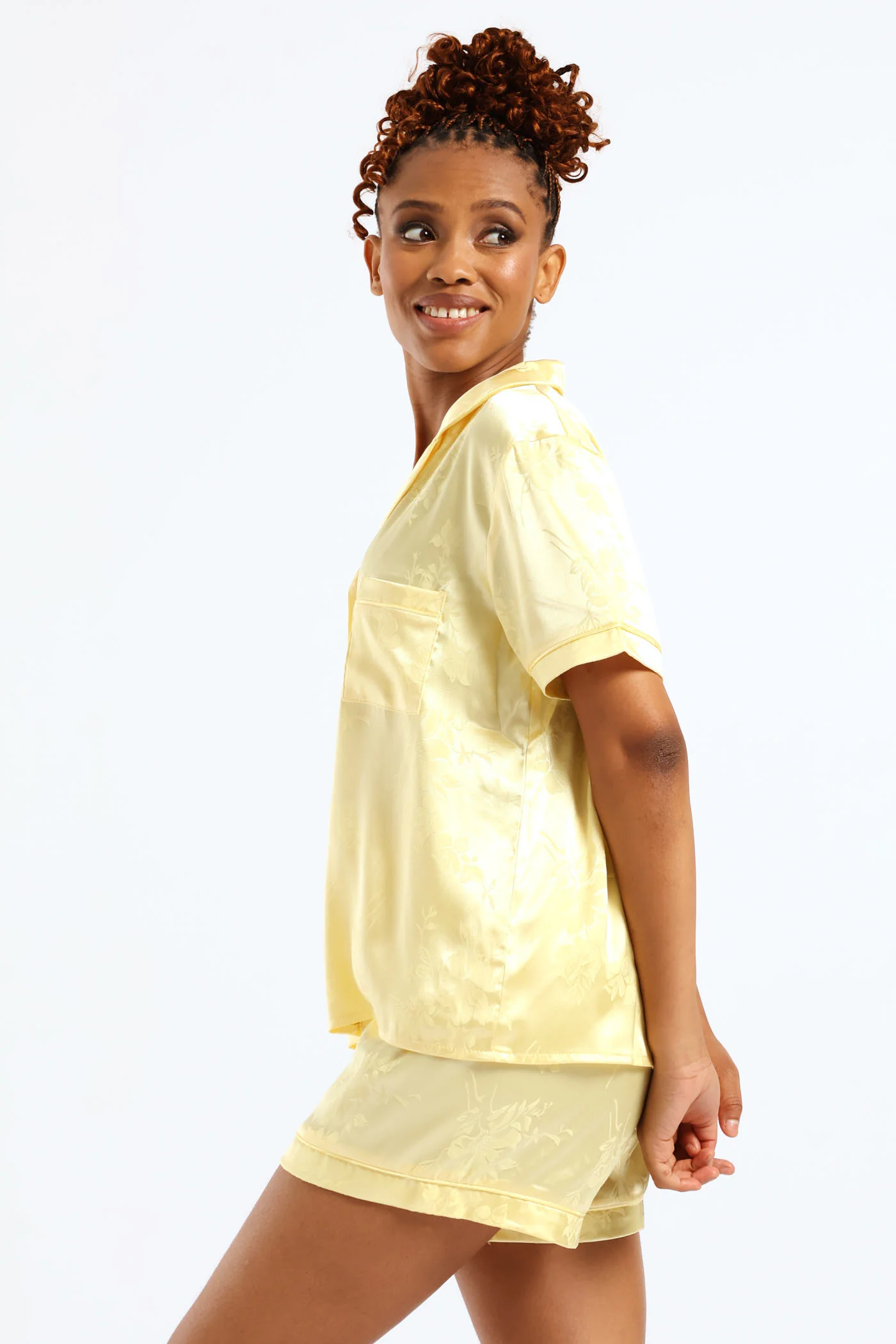 Button Through Satin Embossed Floral Short Set - Yellow - Image 4