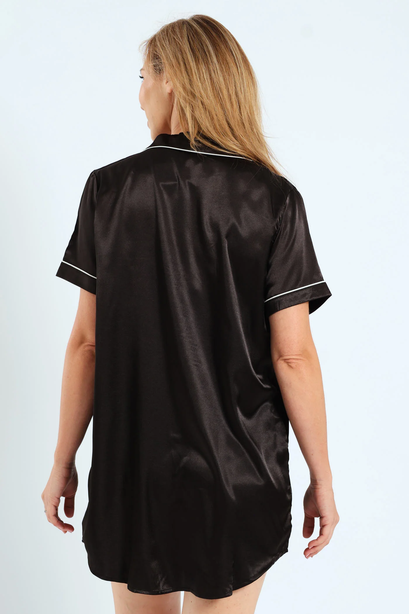 Button Through Satin Sleepshirt - Black - Image 3