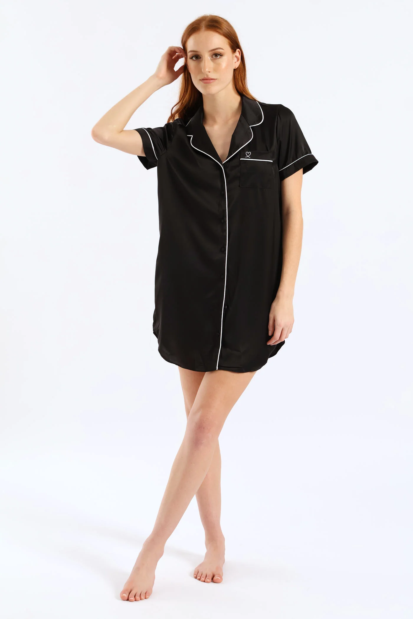Button Through Satin Sleepshirt - Black - Image 5