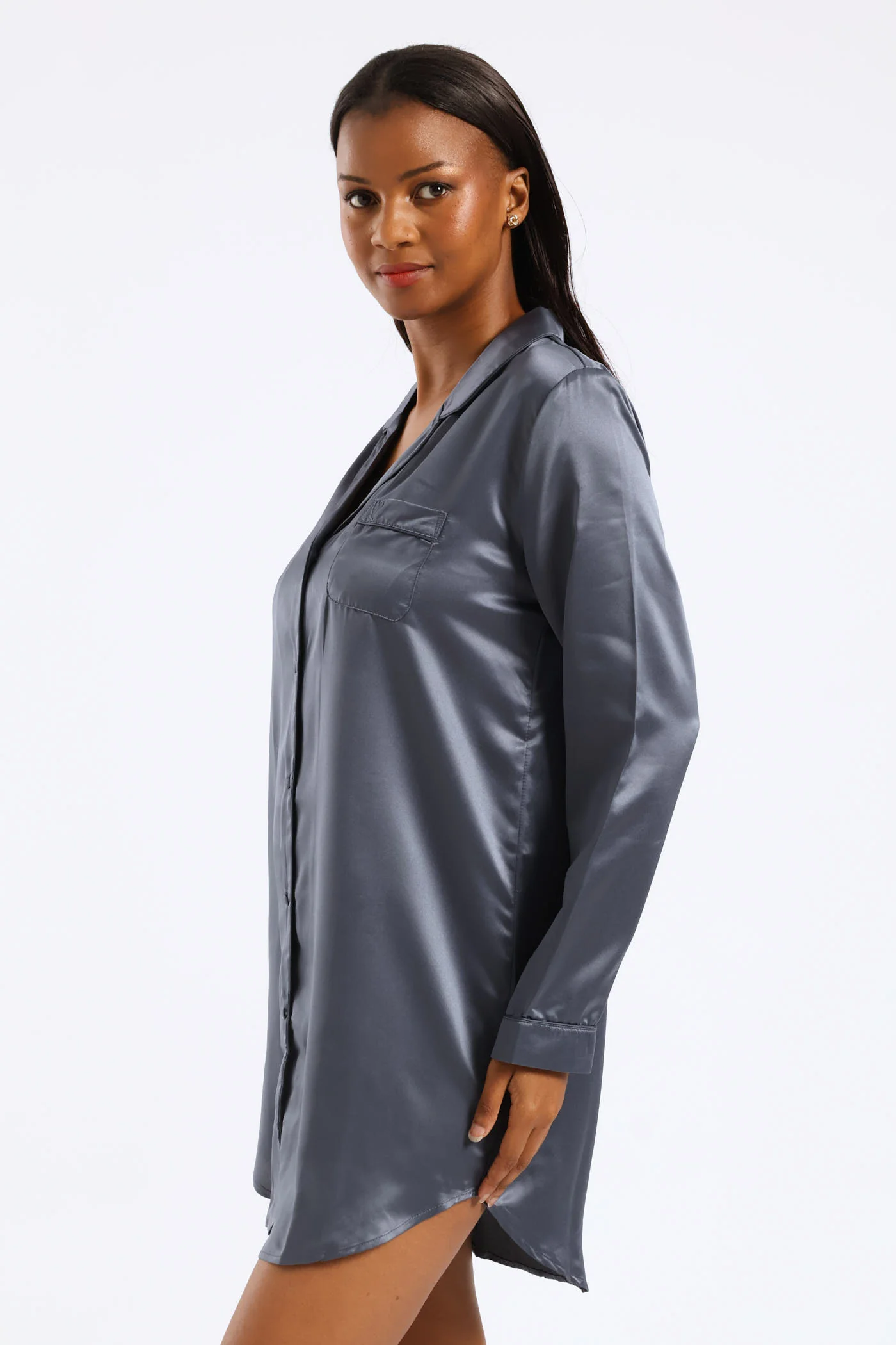 Button Through Satin Sleepshirt - Dark Grey - Image 2