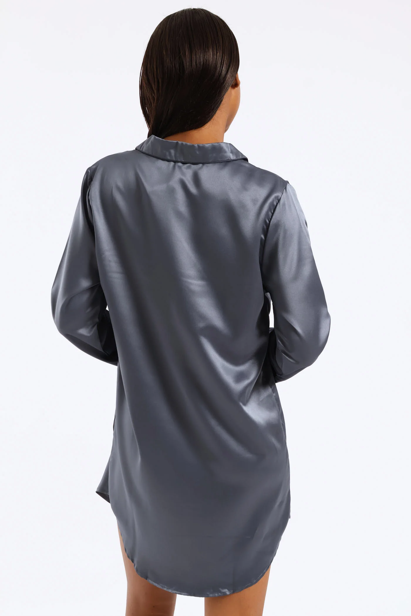 Button Through Satin Sleepshirt - Dark Grey - Image 3