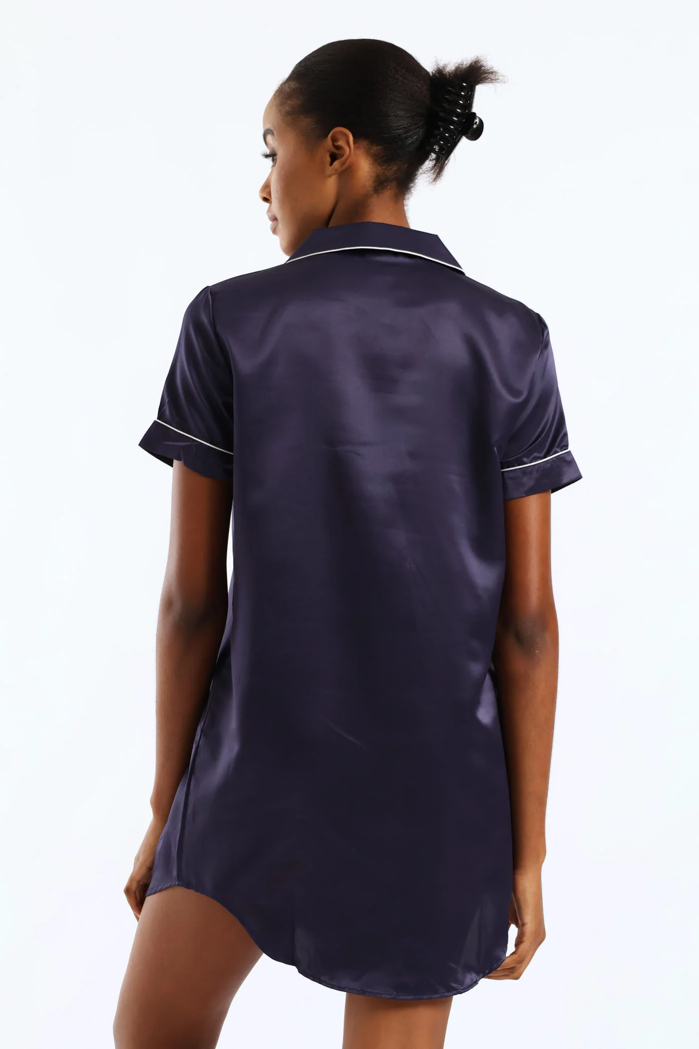 Button Through Satin Sleepshirt - Navy - Image 3