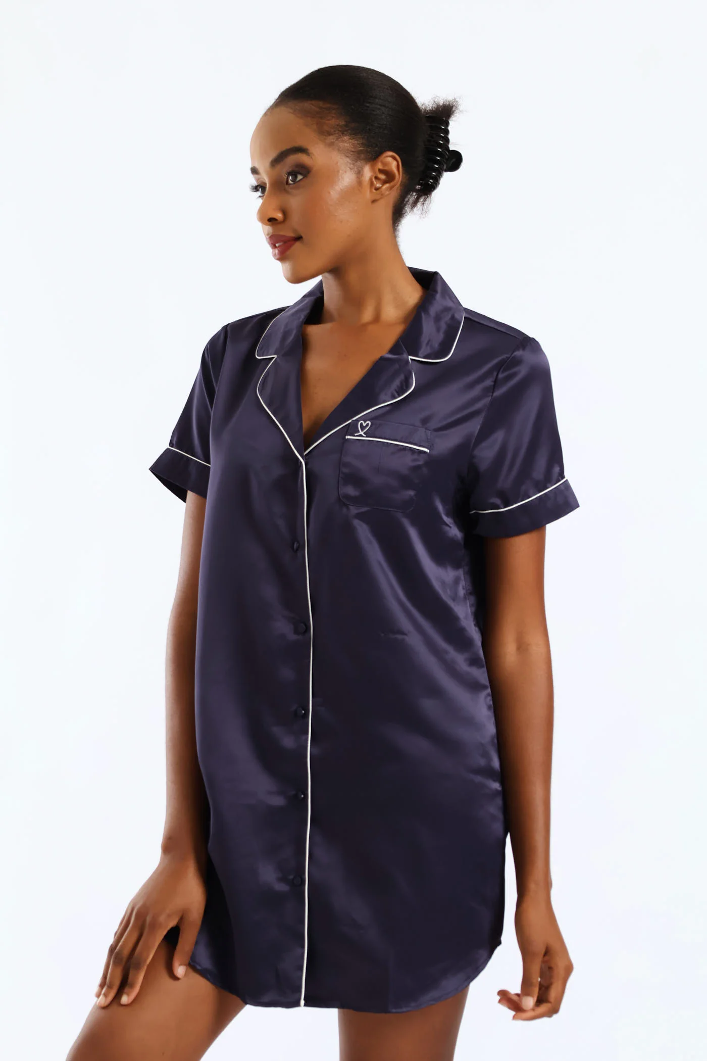 Button Through Satin Sleepshirt - Navy - Image 5