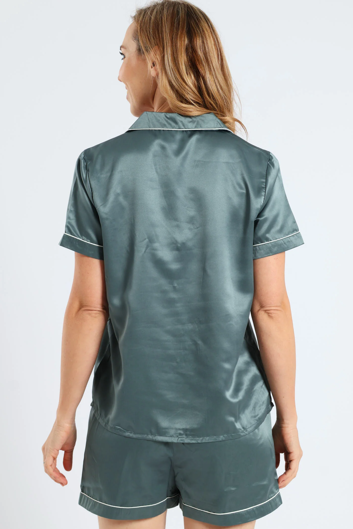 Button Through Short Set Satin - Mid Green - Image 4