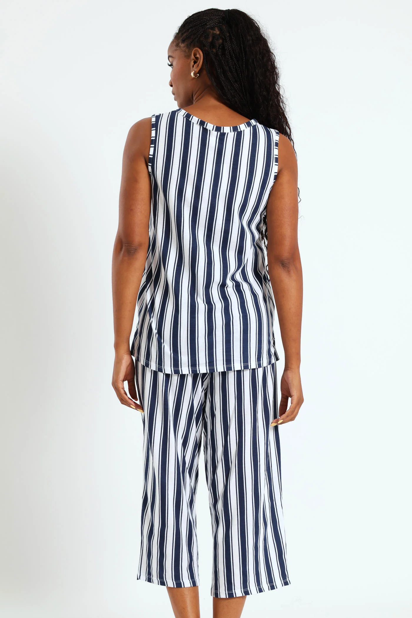 Button Through Stripe Capri Set - White/Blue - Image 2