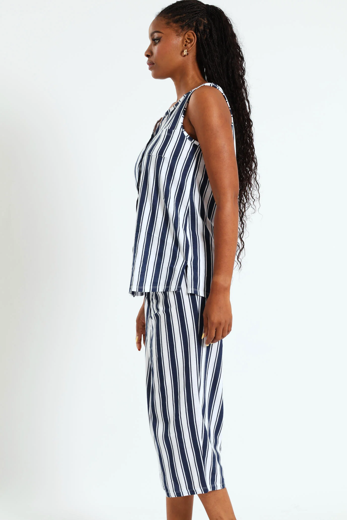 Button Through Stripe Capri Set - White/Blue - Image 3