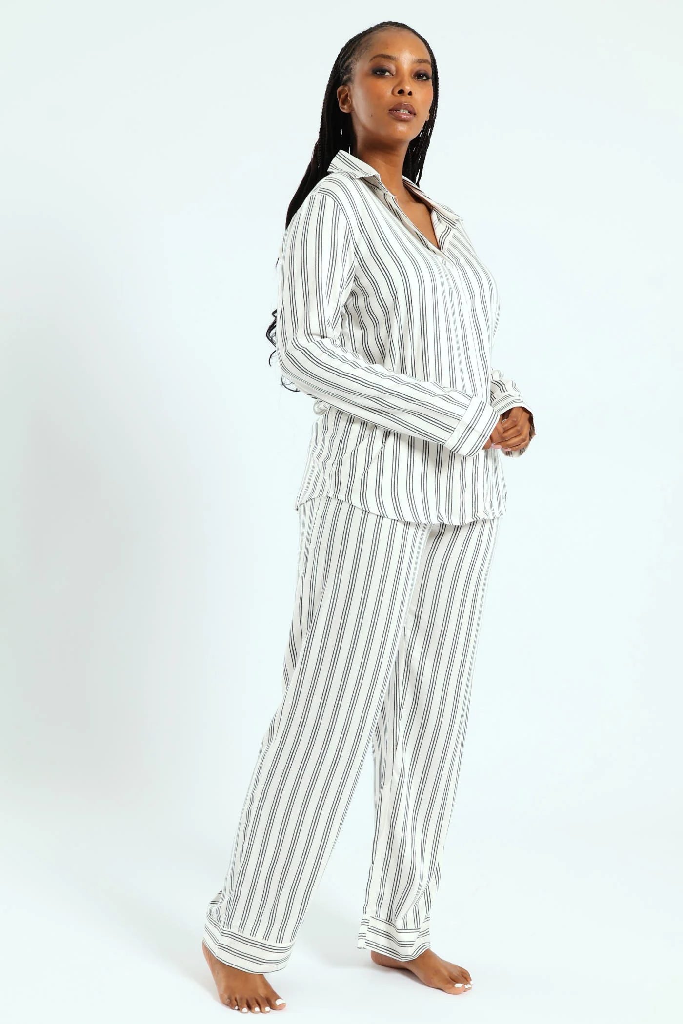 Button Through Stripe Top & Pant Set - Black/White - Image 4