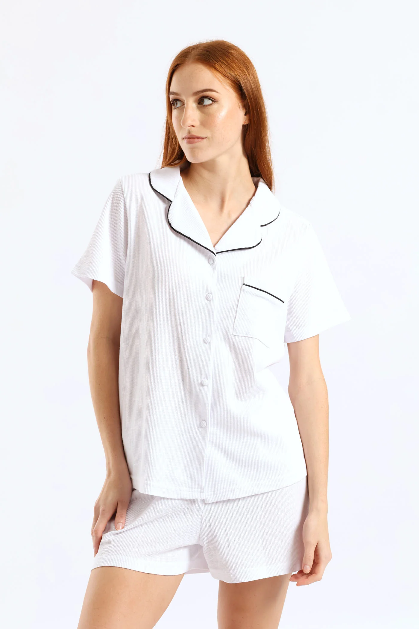 Button Through Waffle Knit Short Set  - White - Image 4