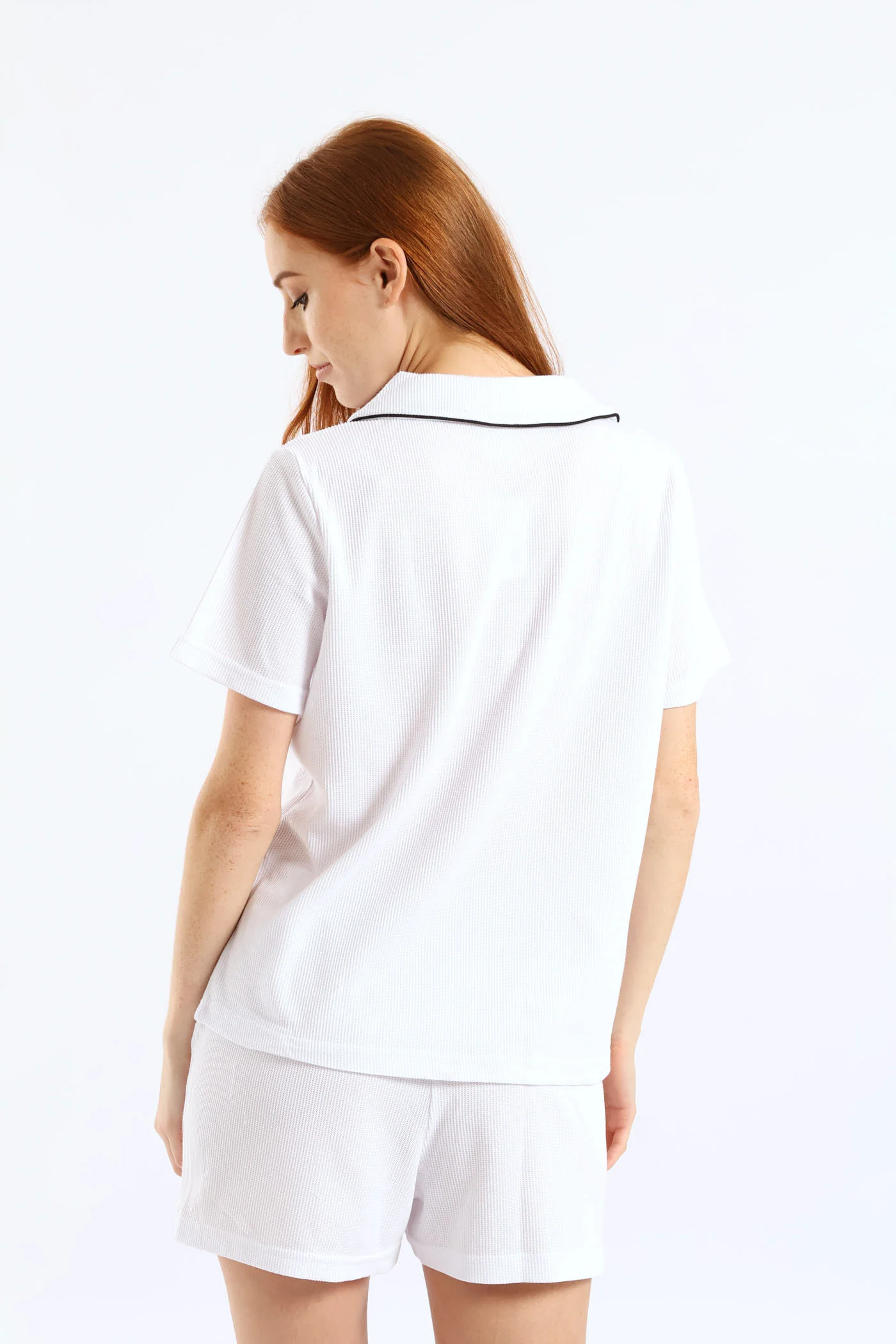 Button Through Waffle Knit Short Set  - White - Image 5