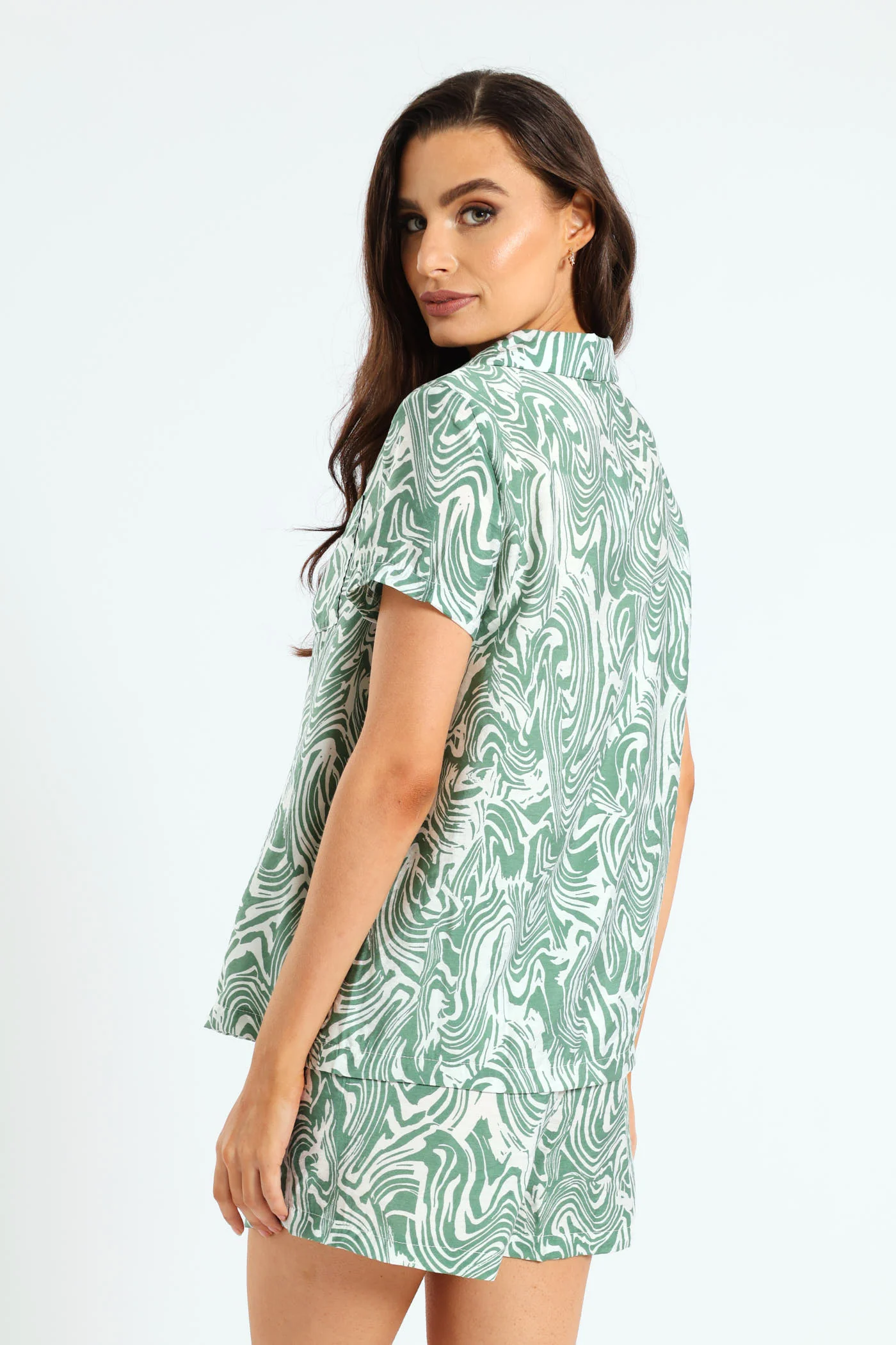 Button Through Wavy Print Short Set - White/Green - Image 3