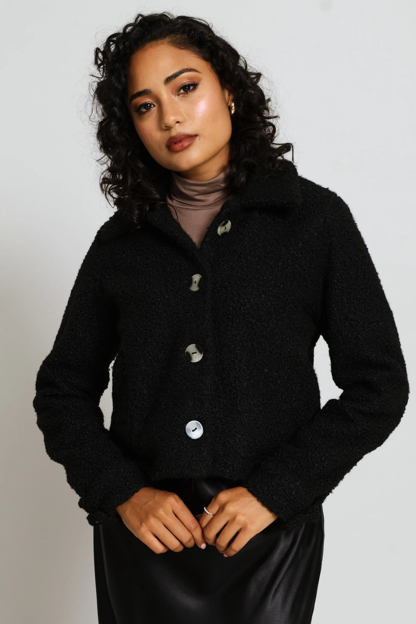 Button Through Welt Pocket Boucle Trucker Jacket - Black - Image 3