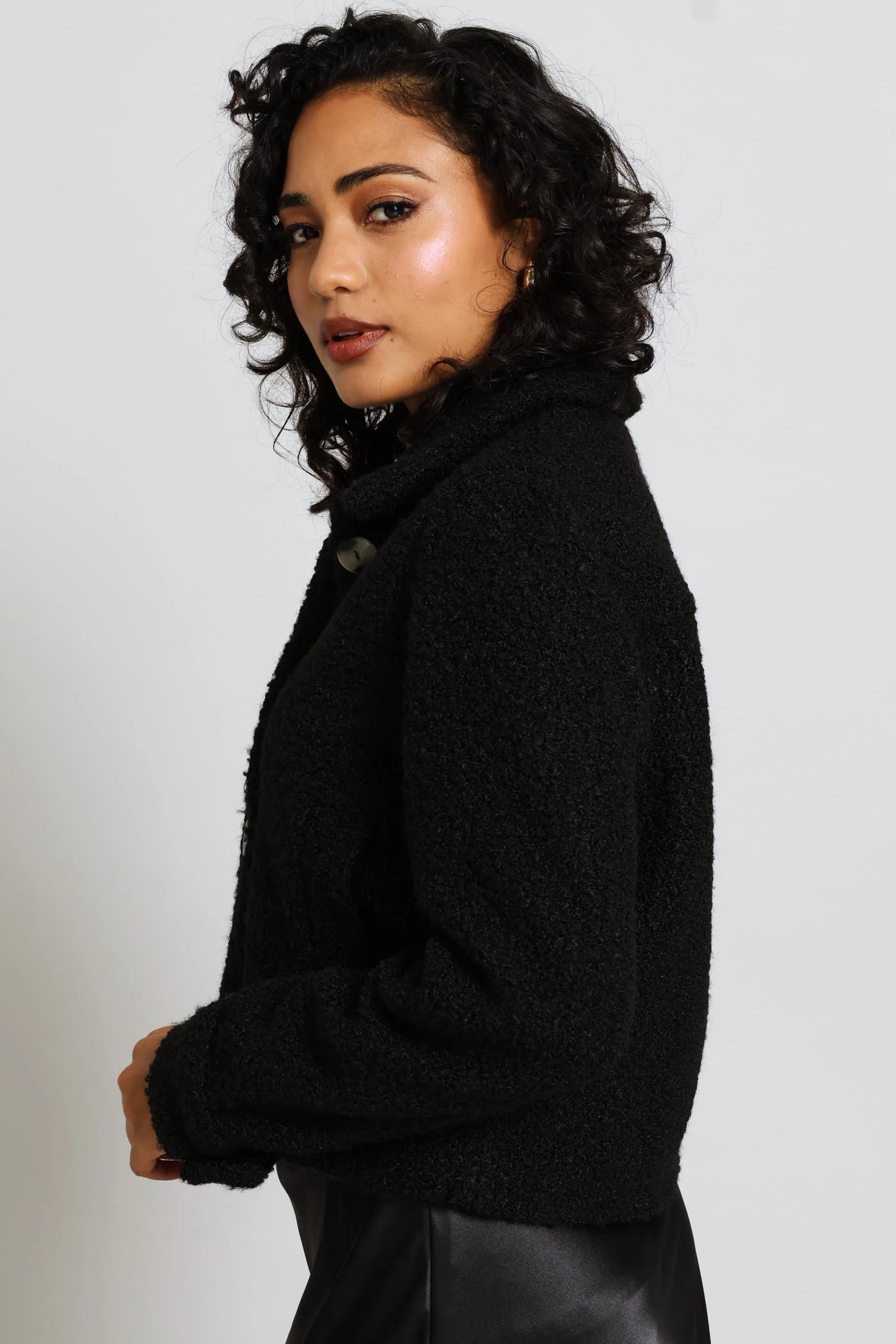 Button Through Welt Pocket Boucle Trucker Jacket - Black - Image 4