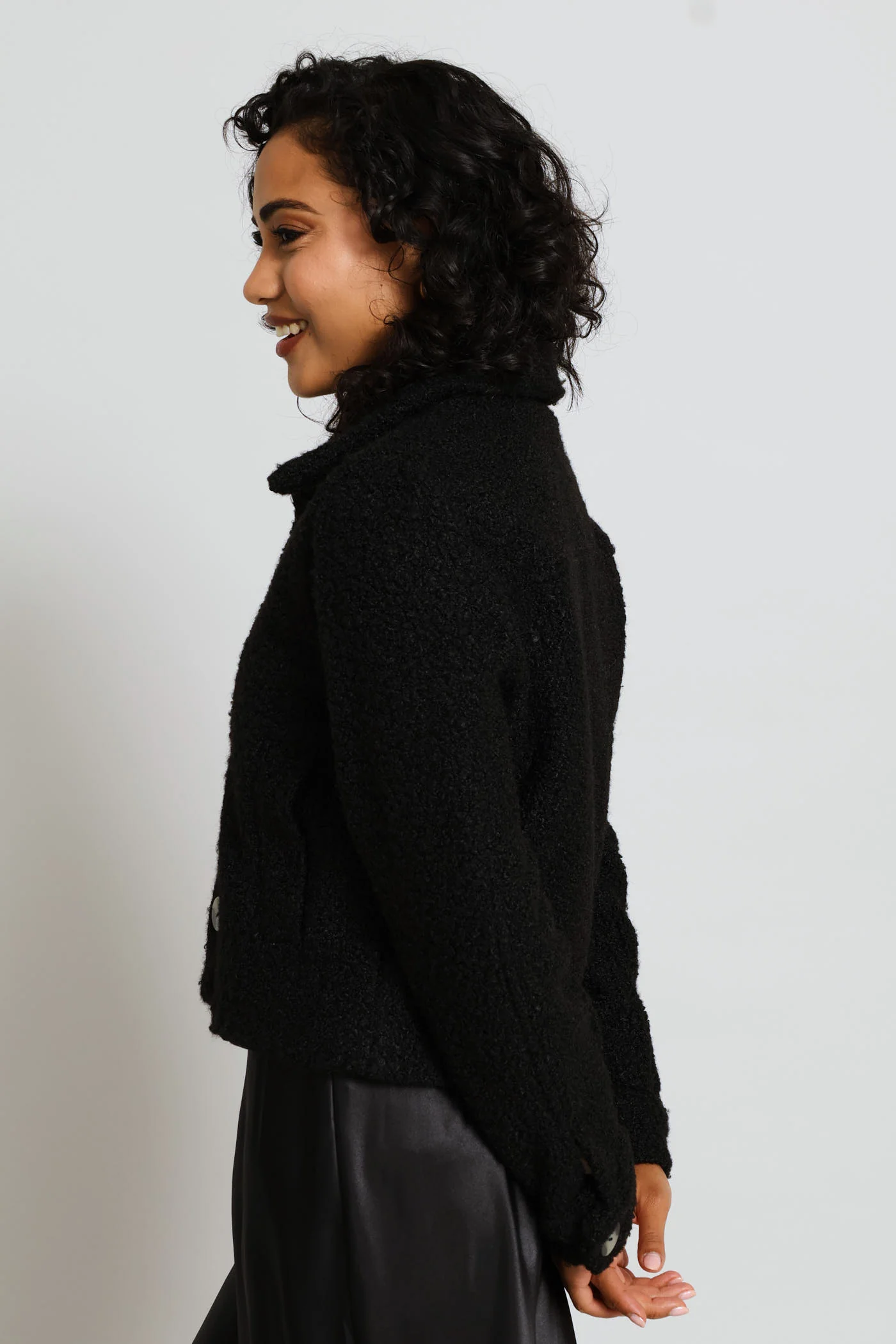 Button Through Welt Pocket Boucle Trucker Jacket - Black - Image 5