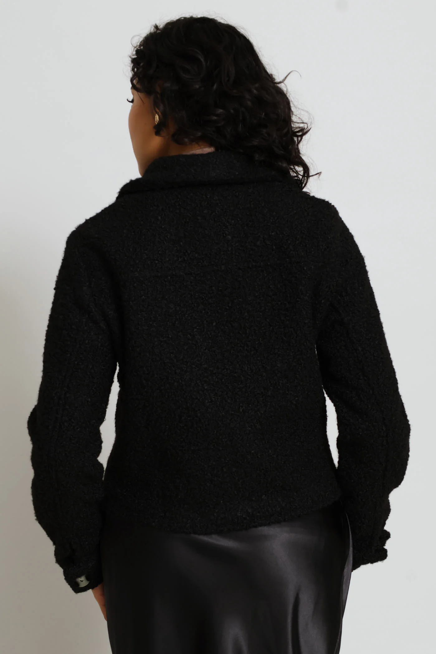 Button Through Welt Pocket Boucle Trucker Jacket - Black - Image 7