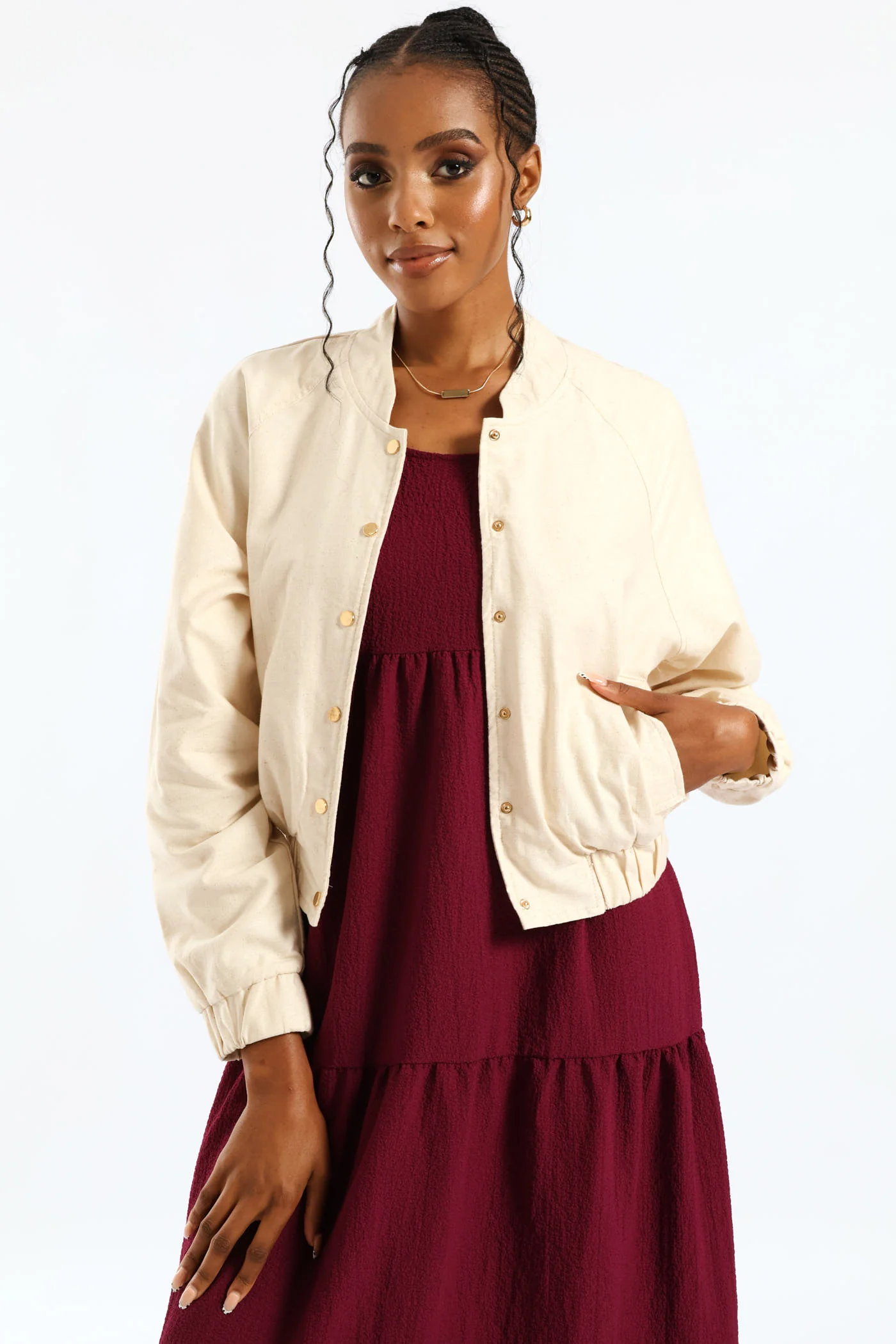 Button Through Welt Pocket Linen Bomber - Oatmeal - Image 3