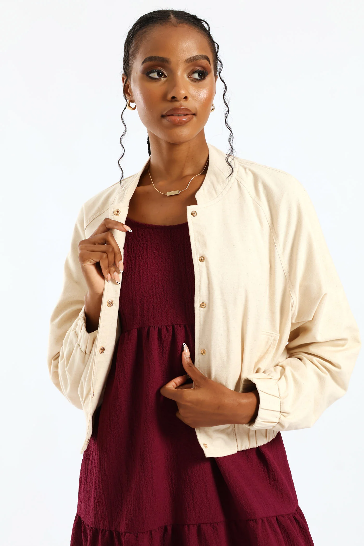 Button Through Welt Pocket Linen Bomber - Oatmeal - Image 4