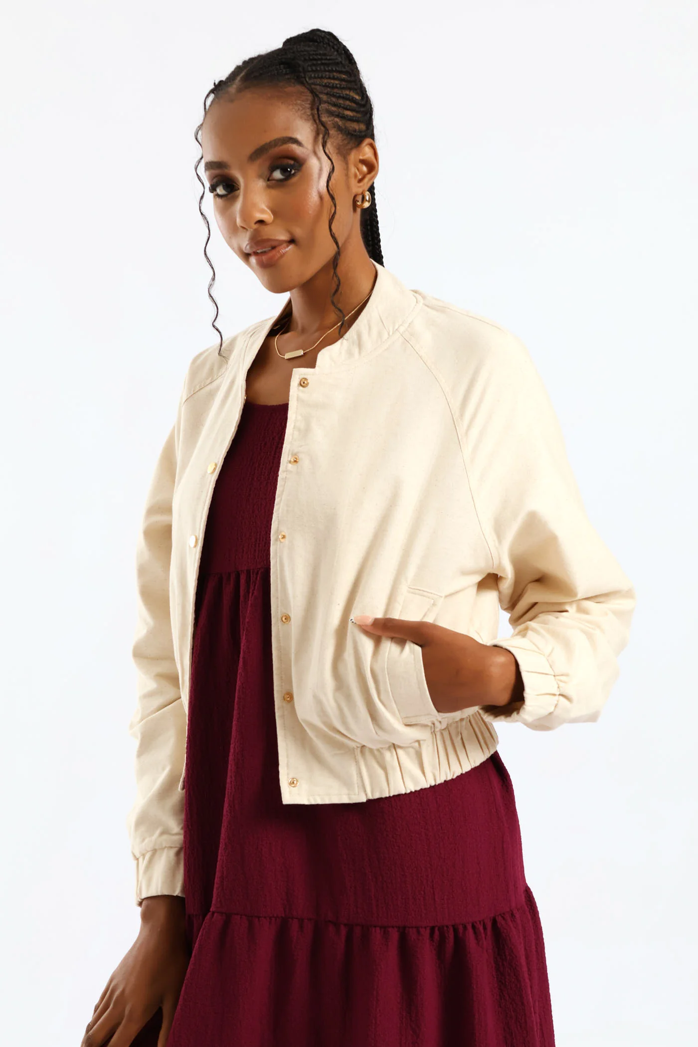 Button Through Welt Pocket Linen Bomber - Oatmeal - Image 5