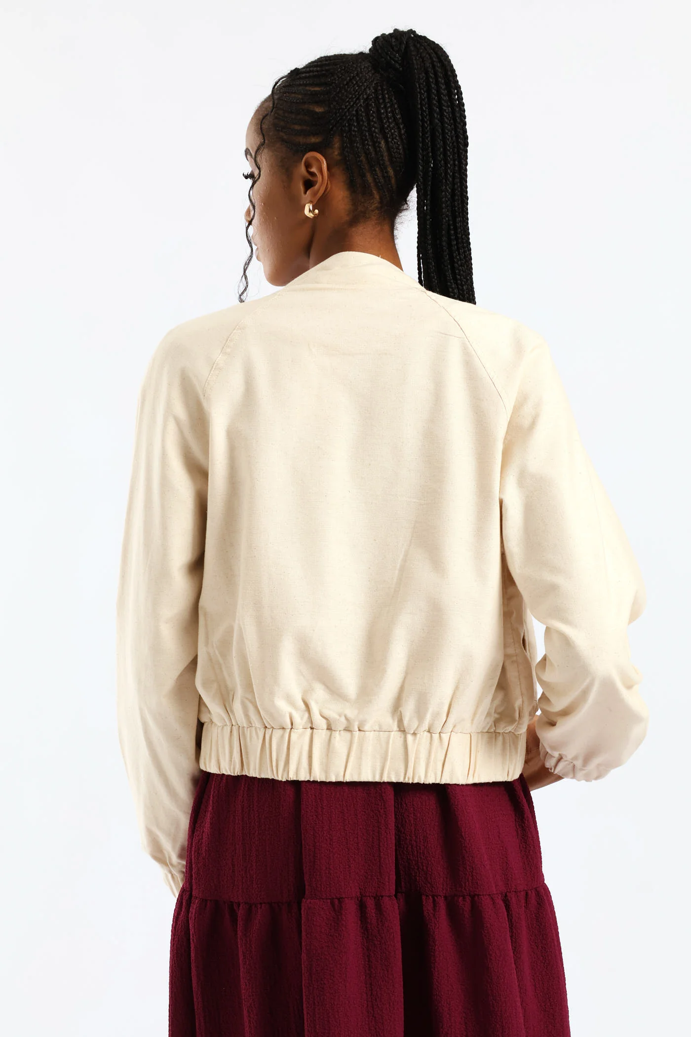 Button Through Welt Pocket Linen Bomber - Oatmeal - Image 6