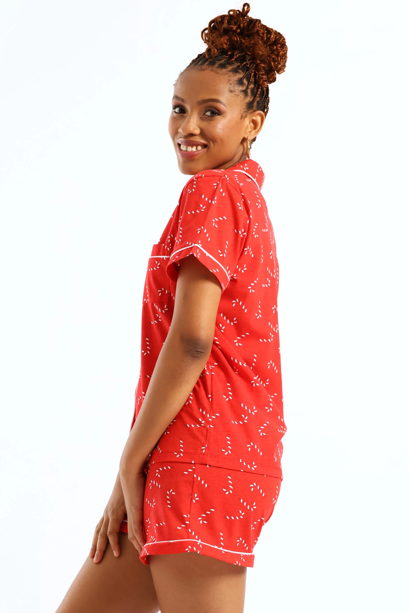 Button Through Xmas Knit Short Set - White/Red - Image 6