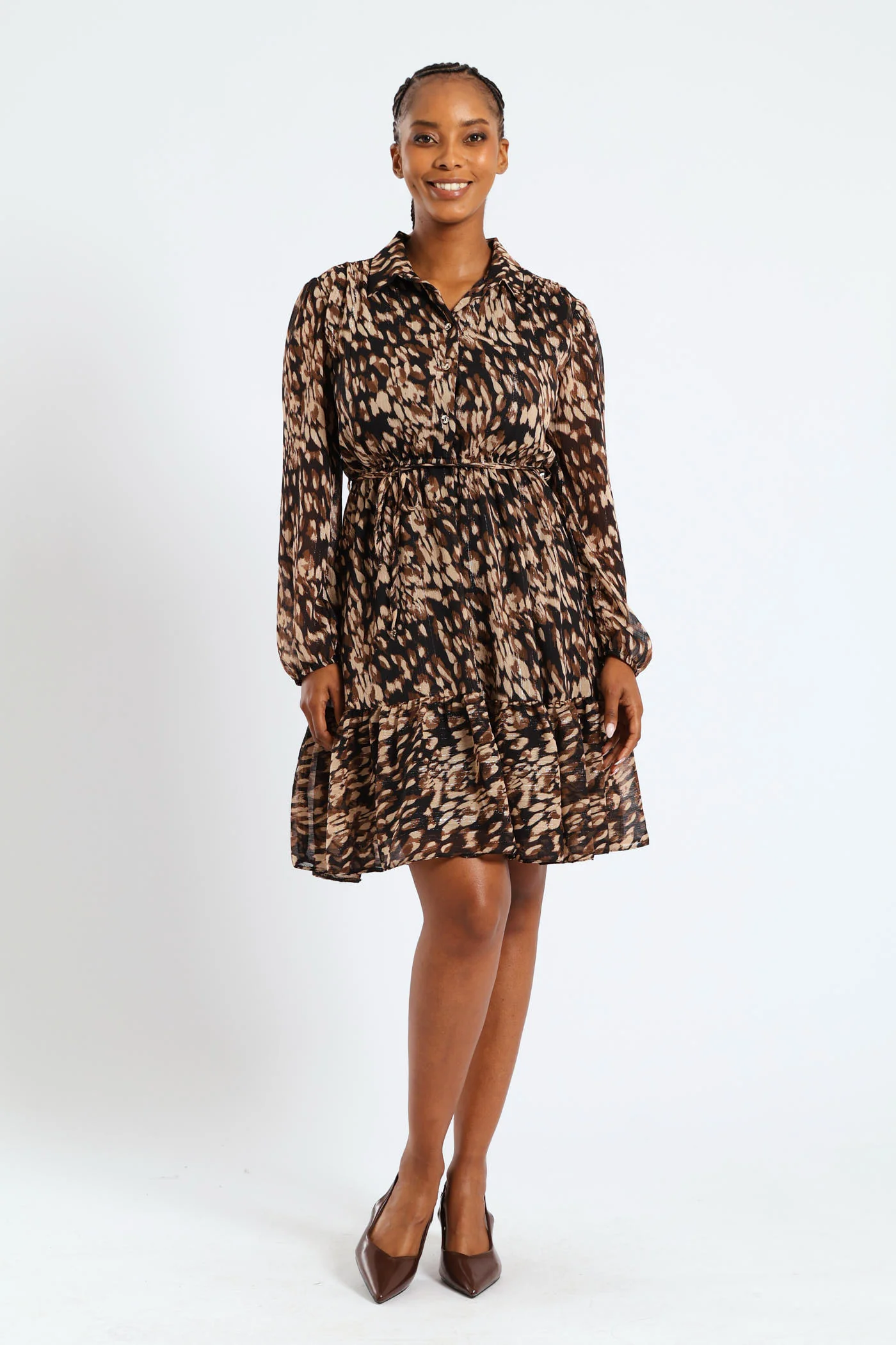 Button Through Tiered Monochrome Floral Tea Dress - Black - Image 2