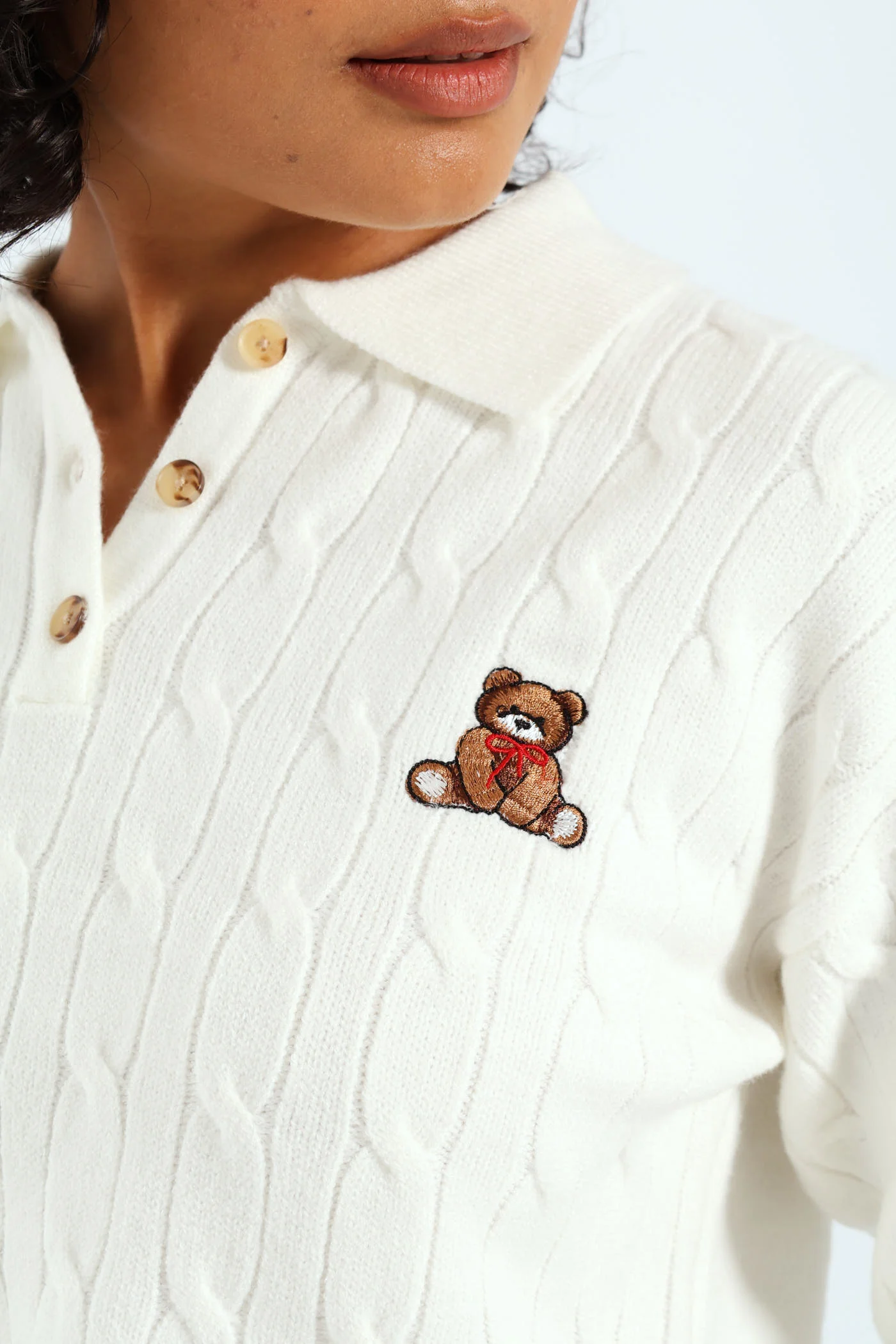 Cable Collar Teddy Knitwear - Cream - Image 2