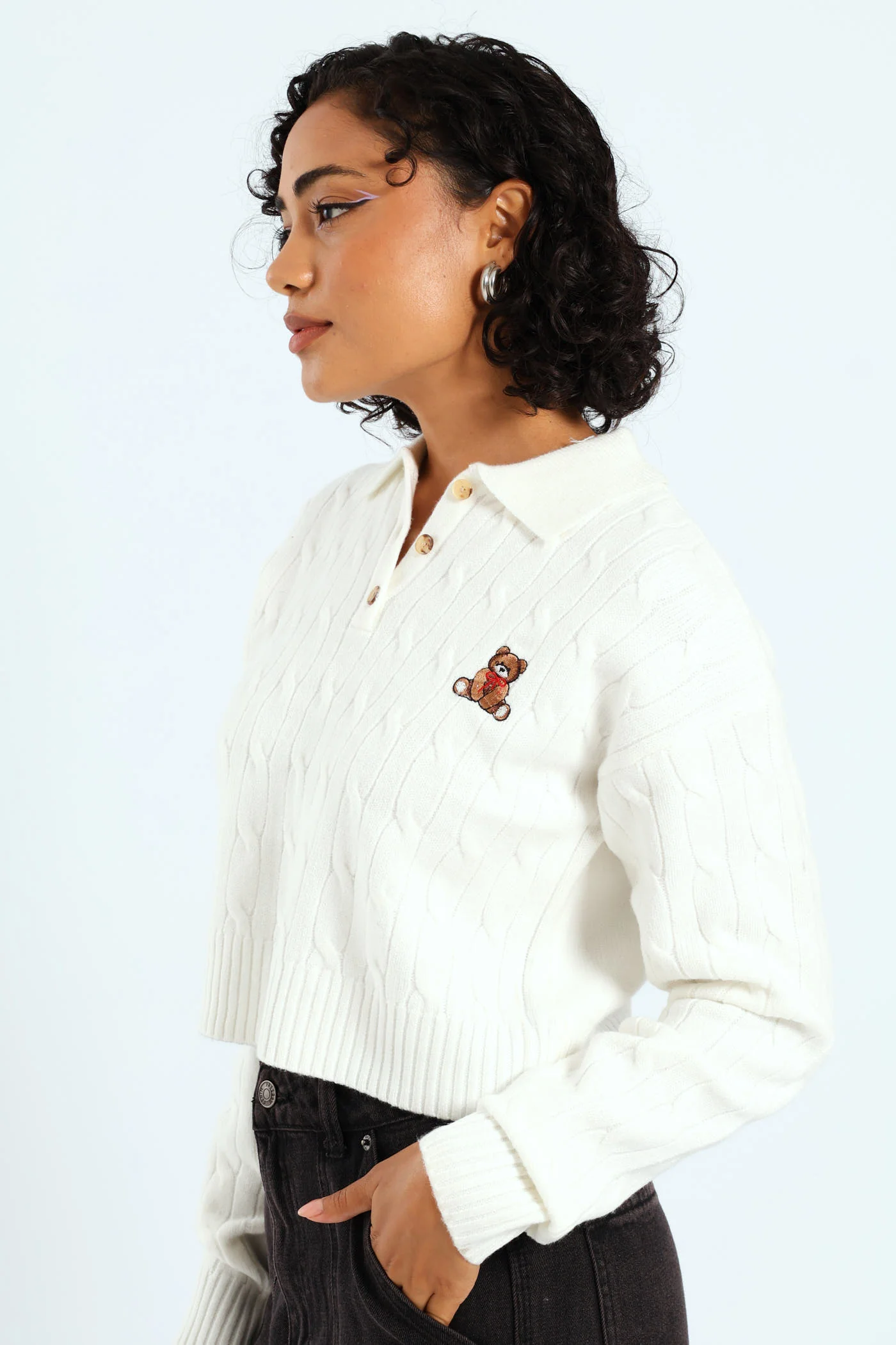 Cable Collar Teddy Knitwear - Cream - Image 4