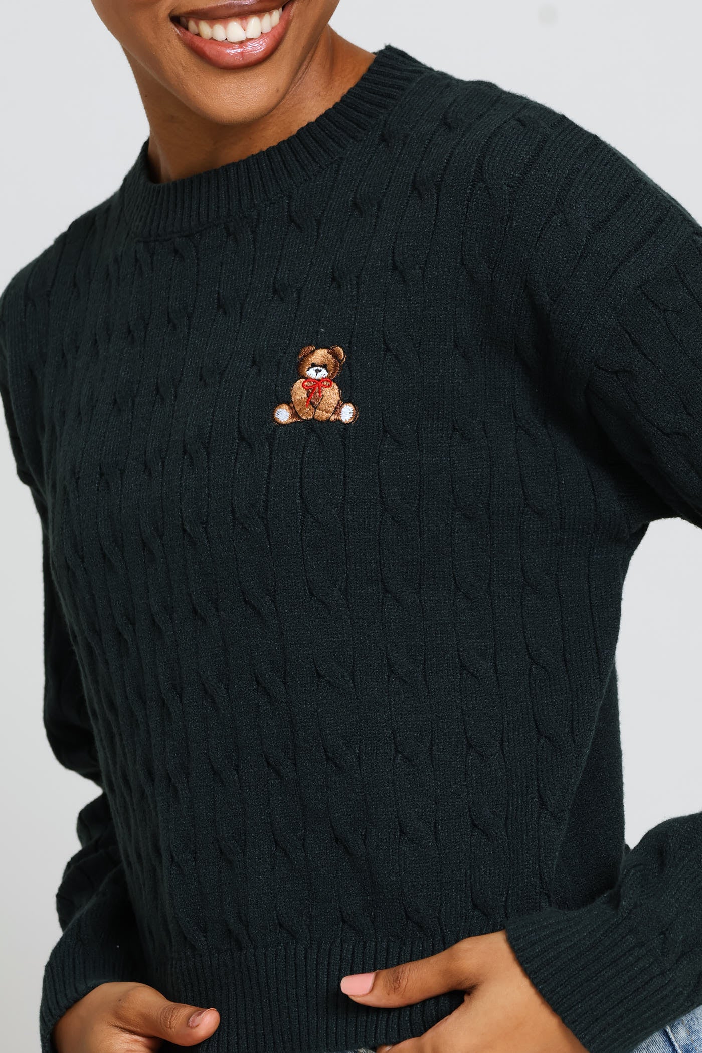 Cable Crew Teddy Embroidered Pullover - Bottle Green - Image 2