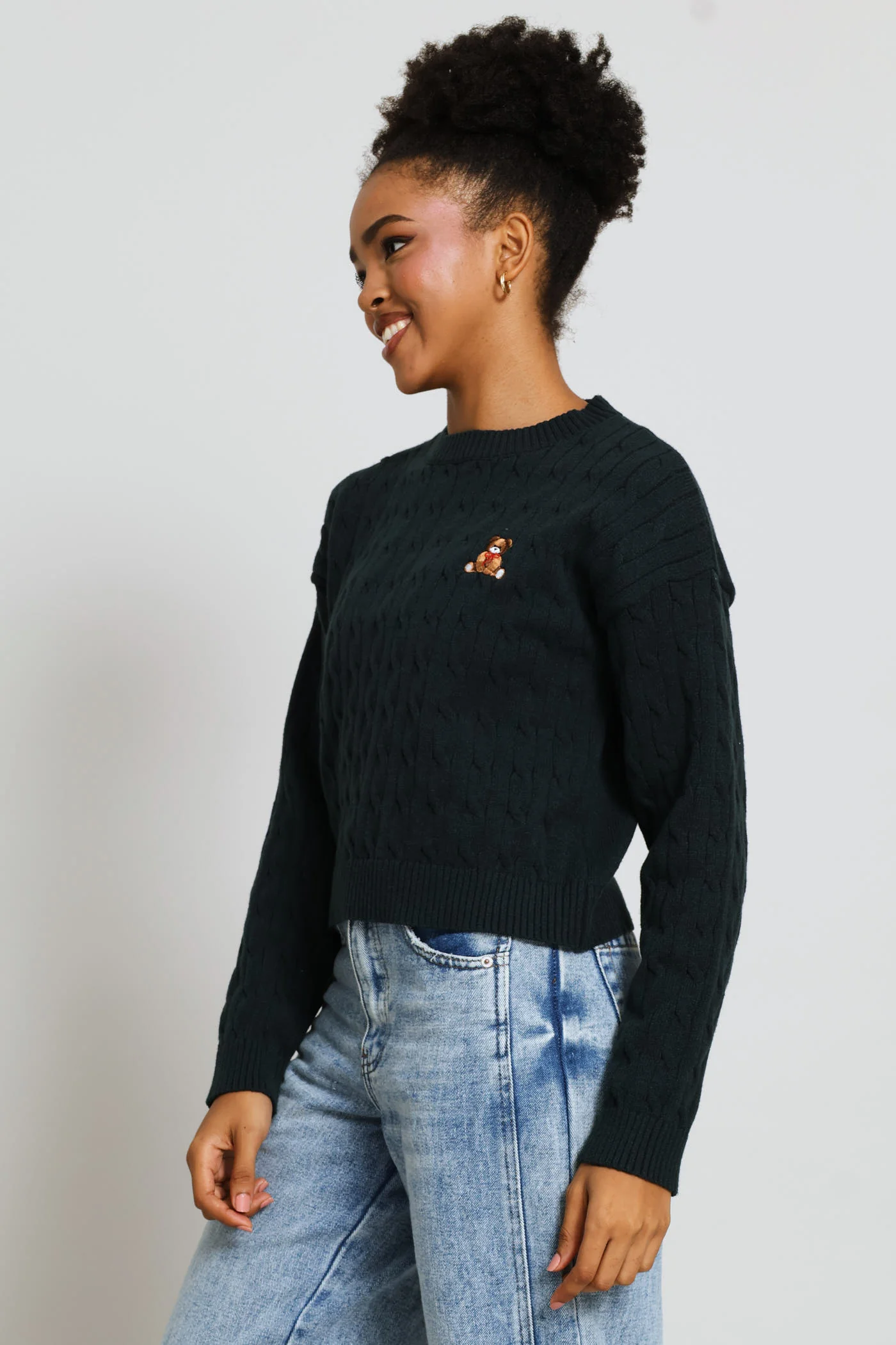 Cable Crew Teddy Embroidered Pullover - Bottle Green - Image 4
