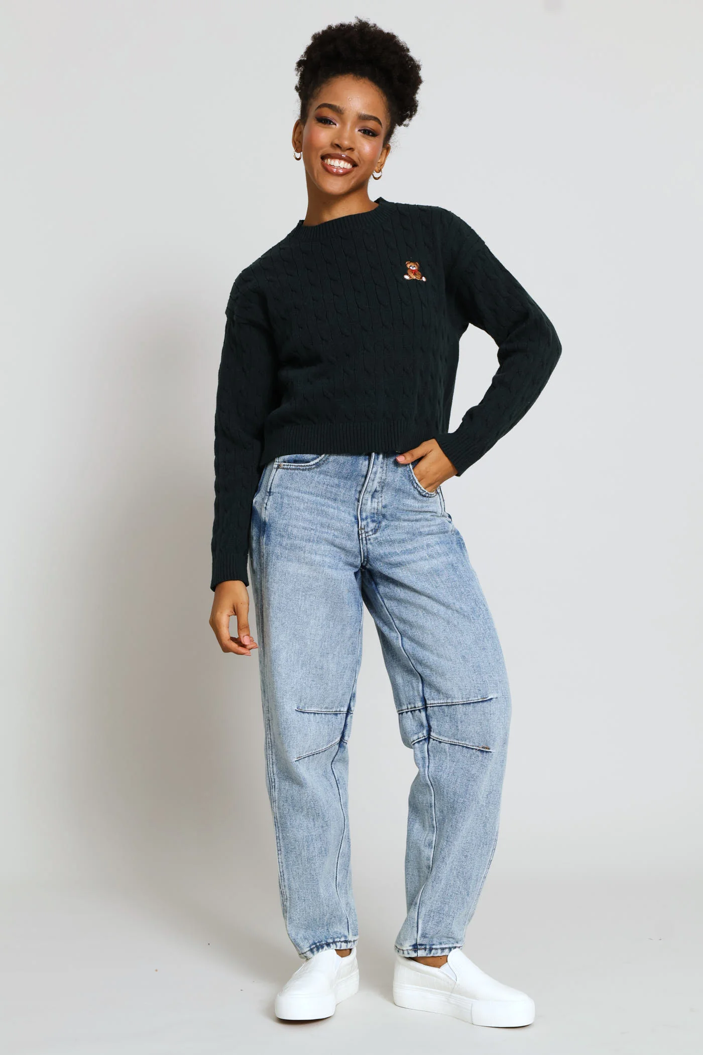 Cable Crew Teddy Embroidered Pullover - Bottle Green - Image 5