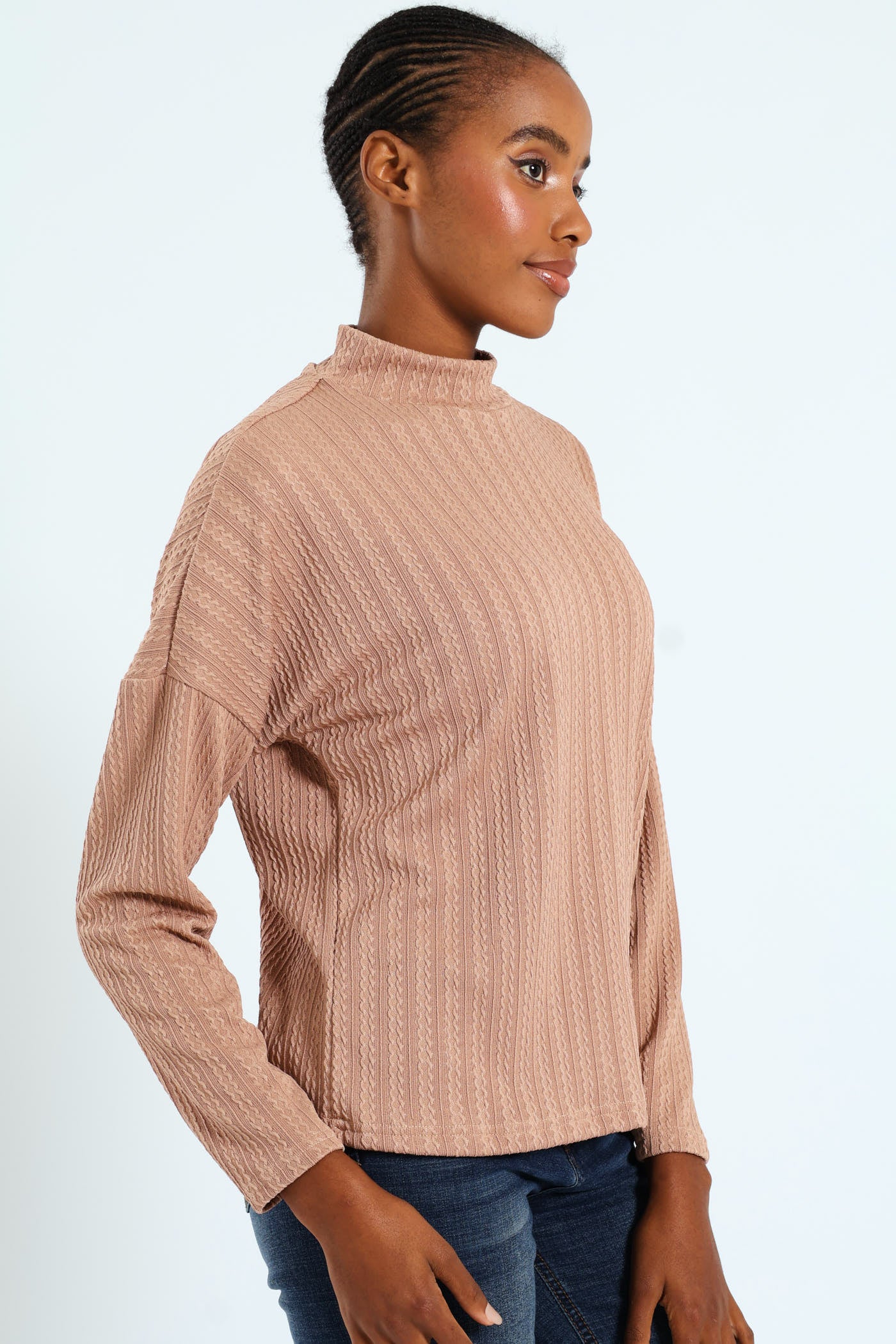 Cable Design Turtleneck Tee - Brown - Image 2