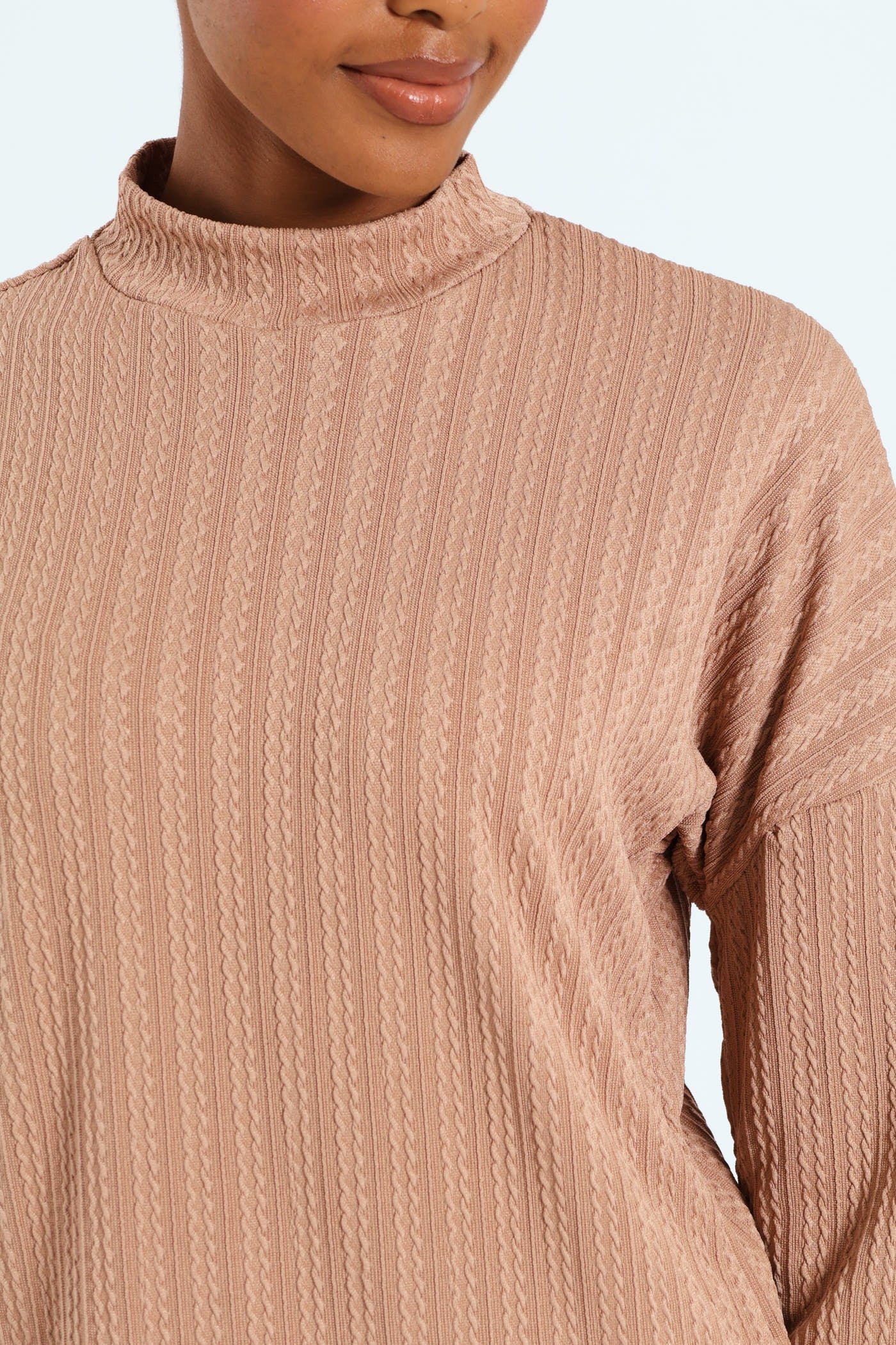 Cable Design Turtleneck Tee - Brown - Image 3