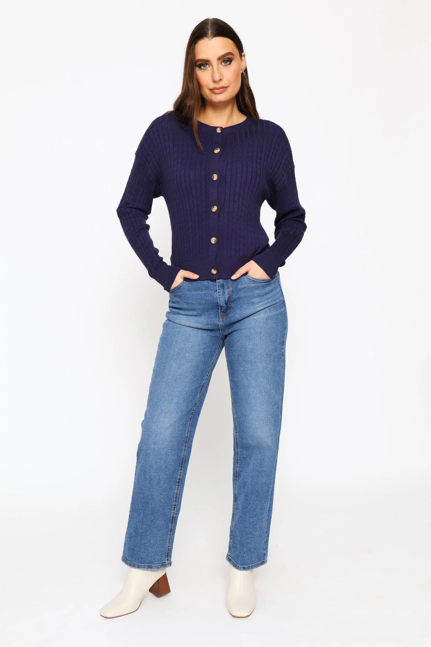 Cable Knit Cardigan - Navy - Image 5