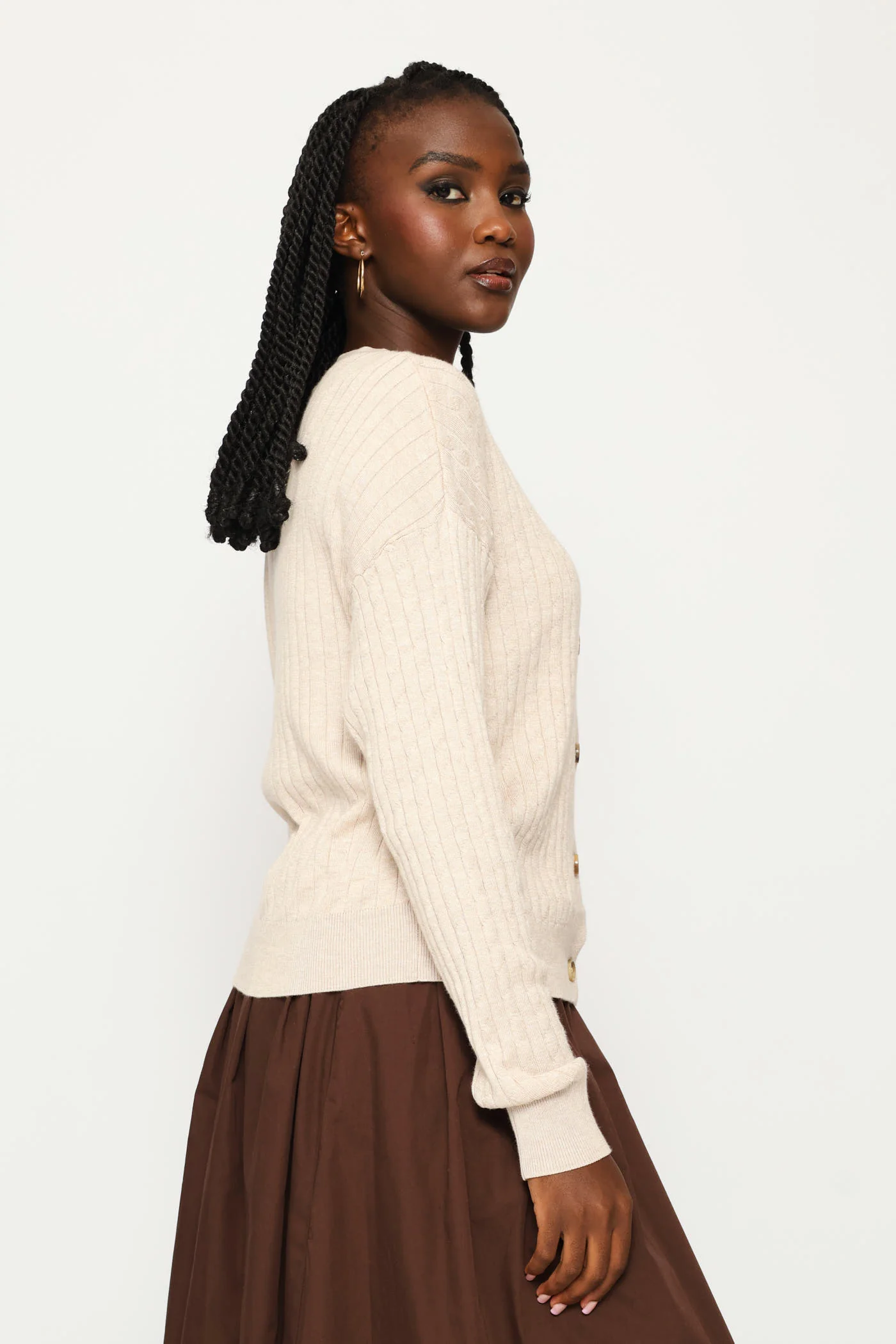 Cable Knit Cardigan - Oatmeal Melange - Image 3