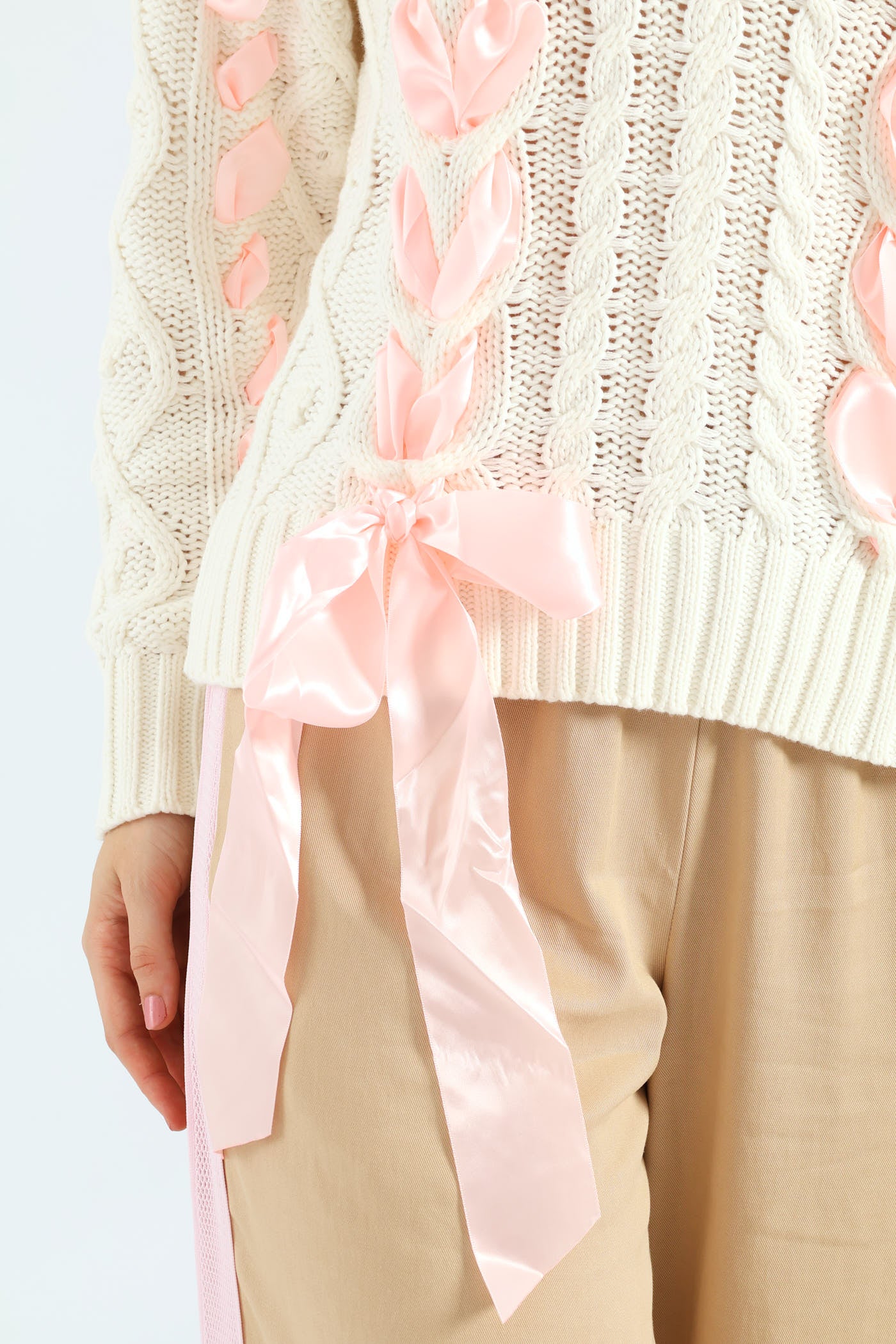 Cable Knit Ribbon Bow Sweater - White/Pink - Image 10