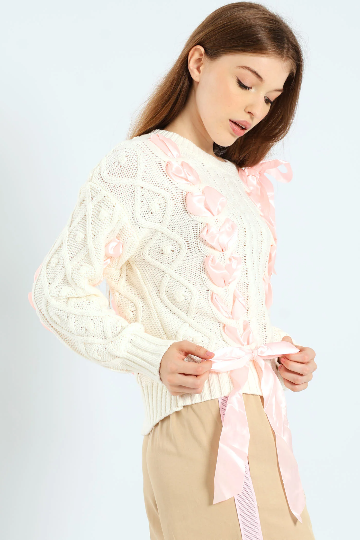 Cable Knit Ribbon Bow Sweater - White/Pink - Image 2