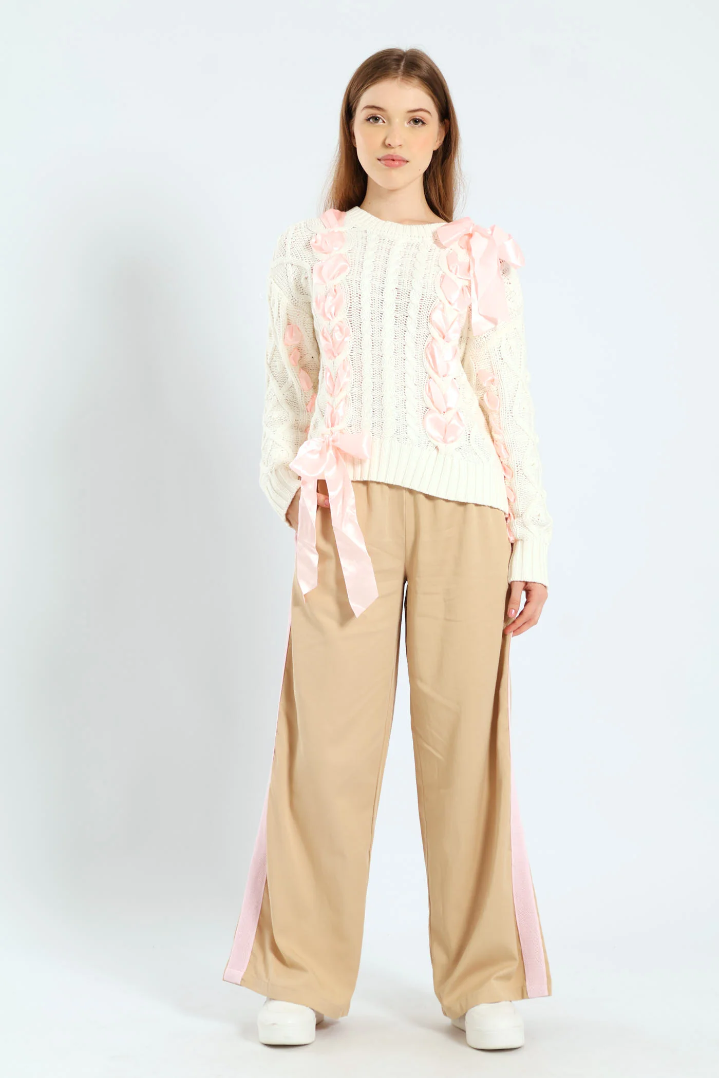 Cable Knit Ribbon Bow Sweater - White/Pink - Image 3