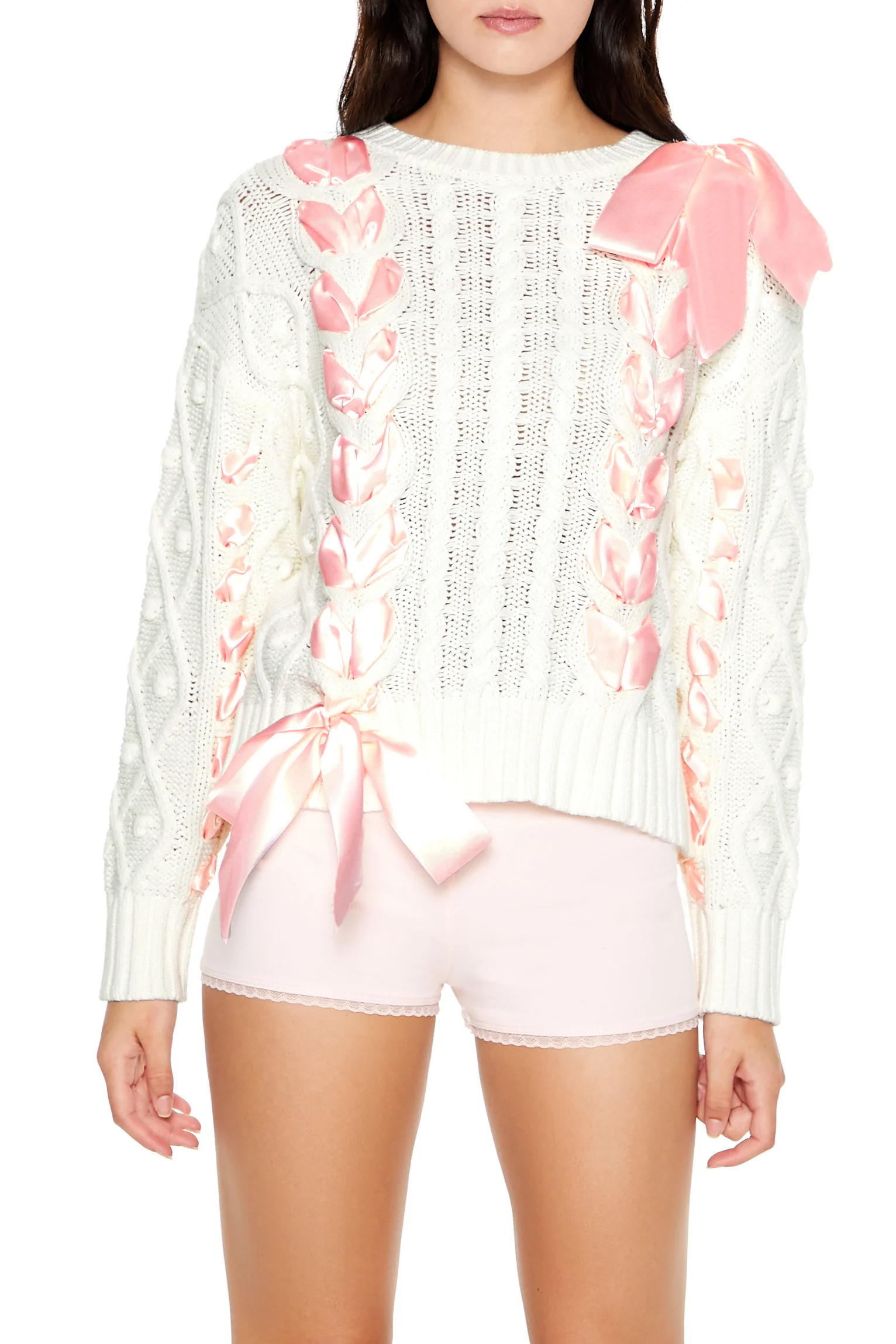 Cable Knit Ribbon Bow Sweater - White/Pink - Image 4
