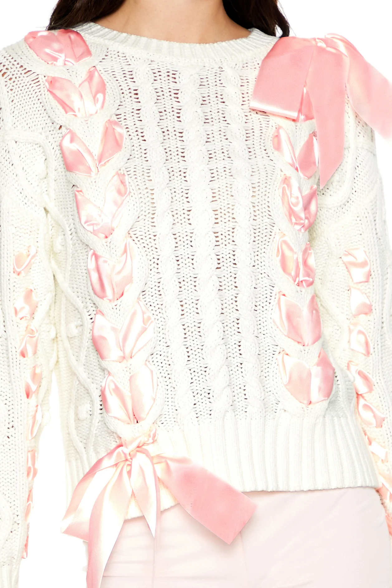 Cable Knit Ribbon Bow Sweater - White/Pink - Image 5