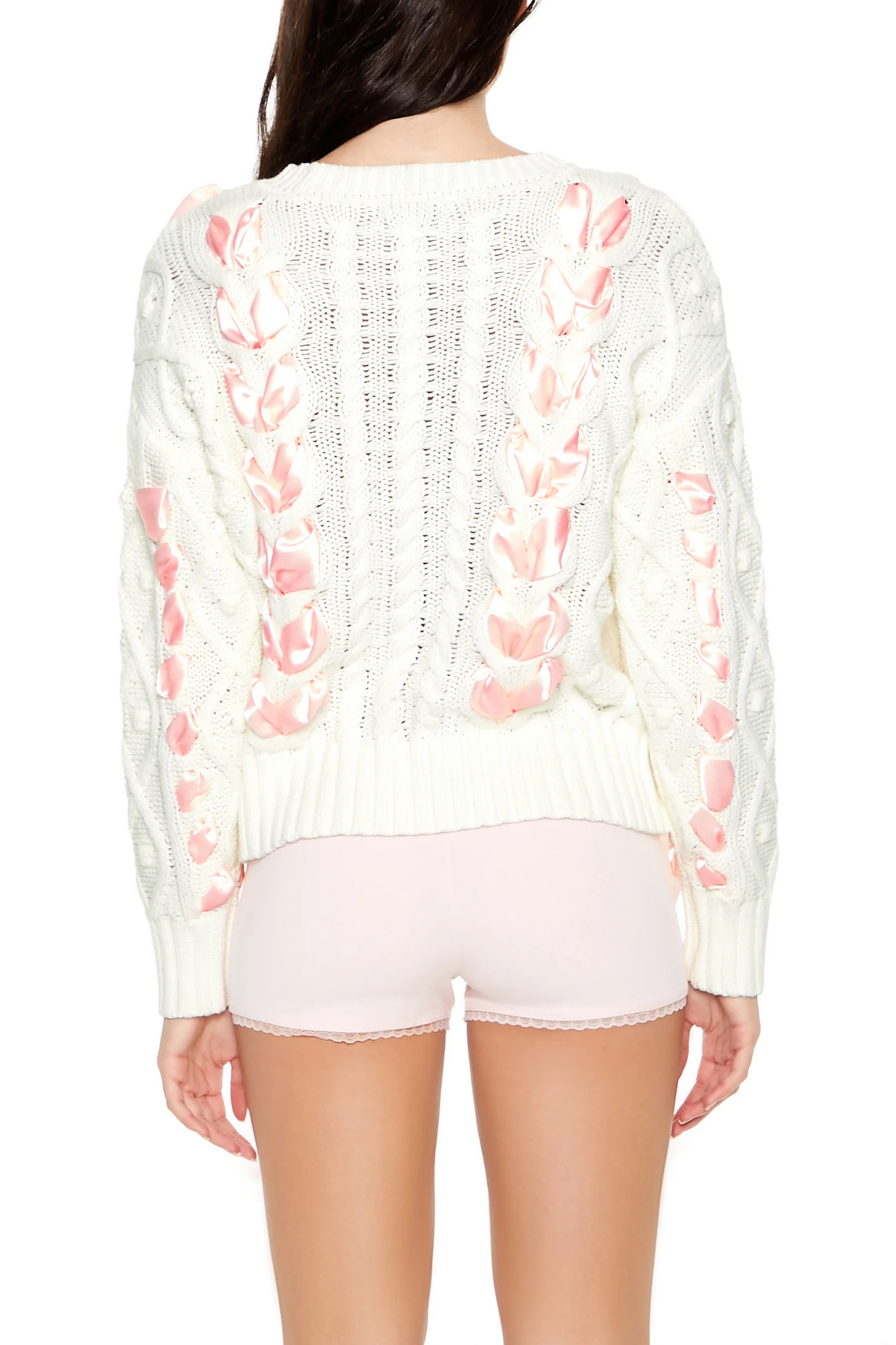Cable Knit Ribbon Bow Sweater - White/Pink - Image 7