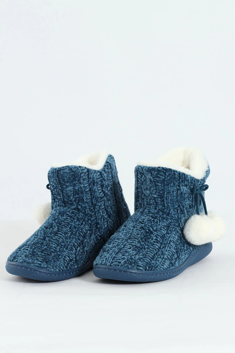 Cable Knit Slipper Bootie With Pompoms - Teal - Image 3
