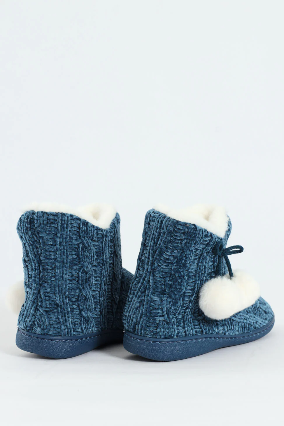 Cable Knit Slipper Bootie With Pompoms - Teal - Image 4