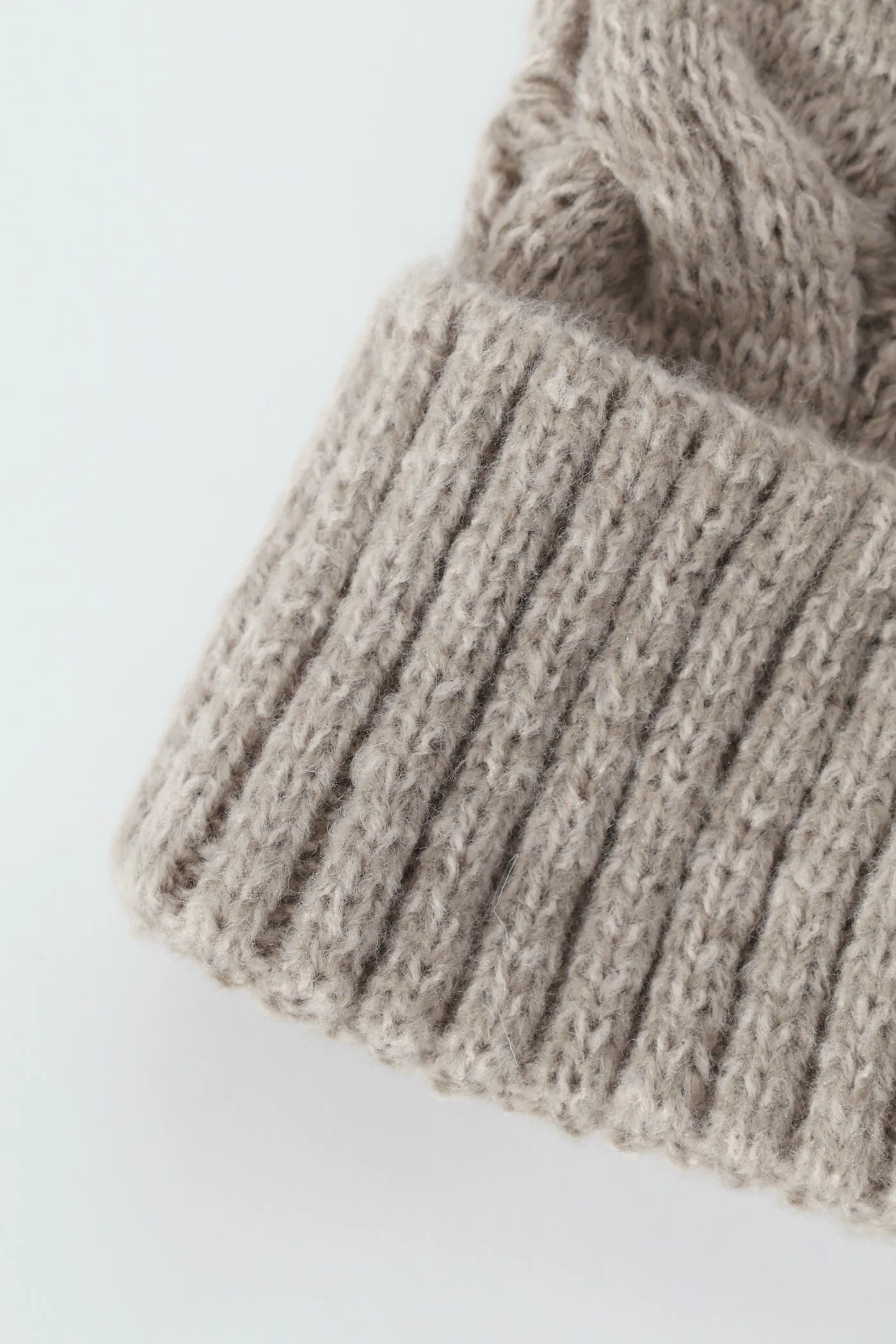 Cable Knit Turn Up Pom Pom Beanie - Grey Melange - Image 2